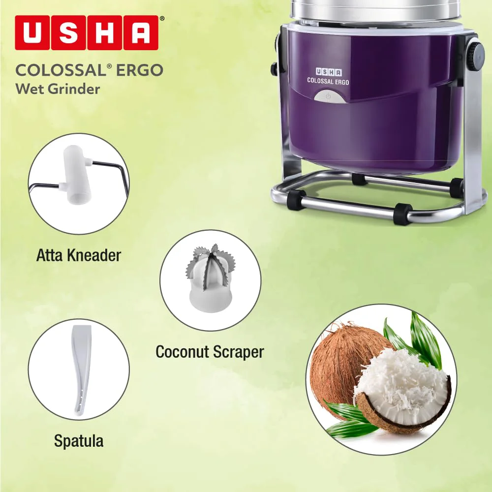 USHA Colossal Ergo Easy-Tilt Wet Grinder| 2L, 150W, 100% Copper Motor with Dual Flow Breaker, Stainless Steel Drum and Accessories| 10 Year Motor Warranty (Magenta) - image 1
