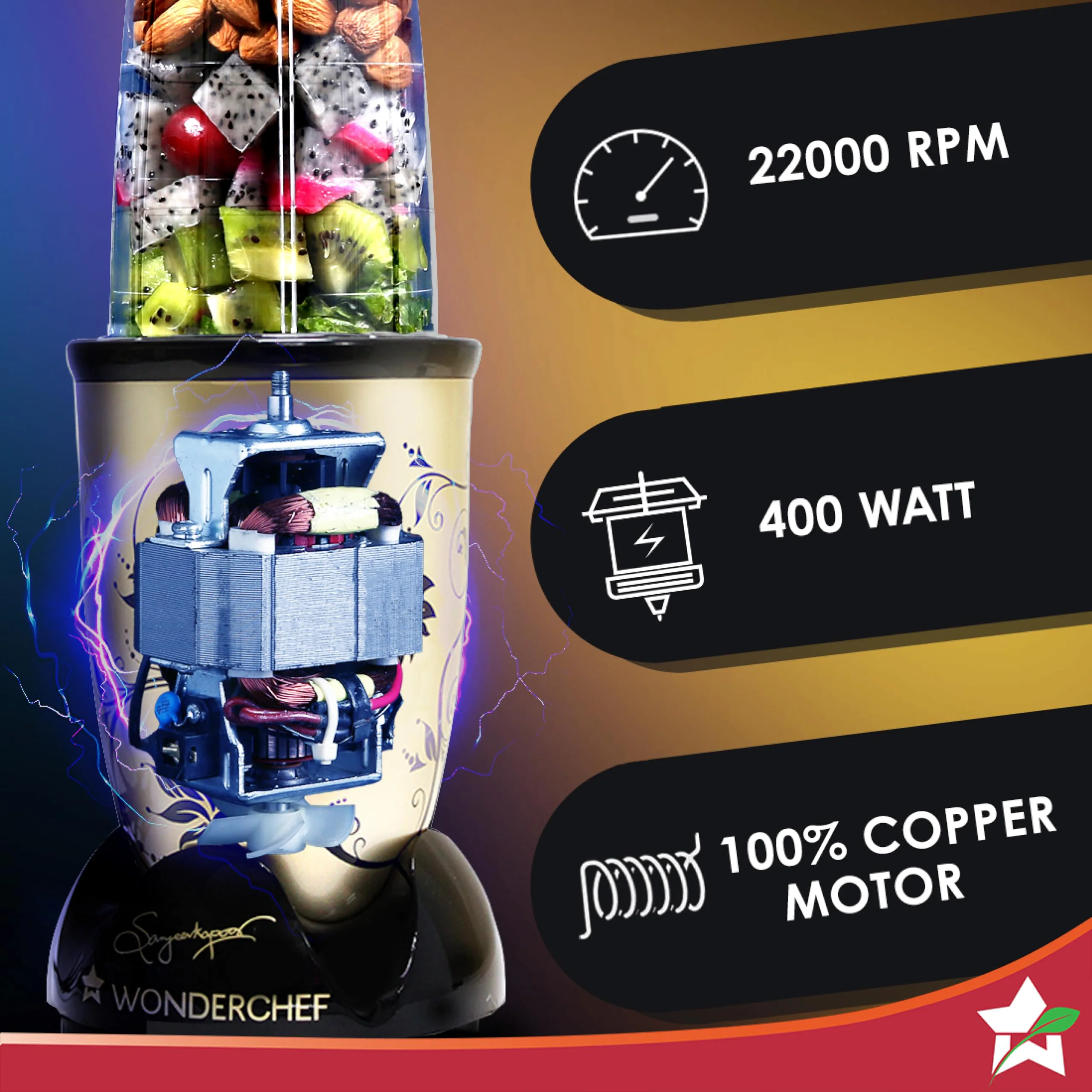 Wonderchef Nutri-blend Mixer, Grinder & Blender|500W 22000 RPM 100% Full Copper Motor|Stainless Steel Blades|2 Unbreakable Jars|2 Years Warranty|Recipe book by Chef Sanjeev Kapoor|Champagne - image 2