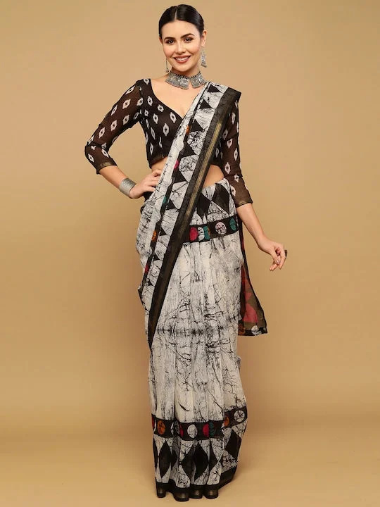 White & Gold-Toned Zari Saree - image 2