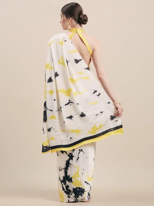 White & Yellow Satin Printed Saree - image 2