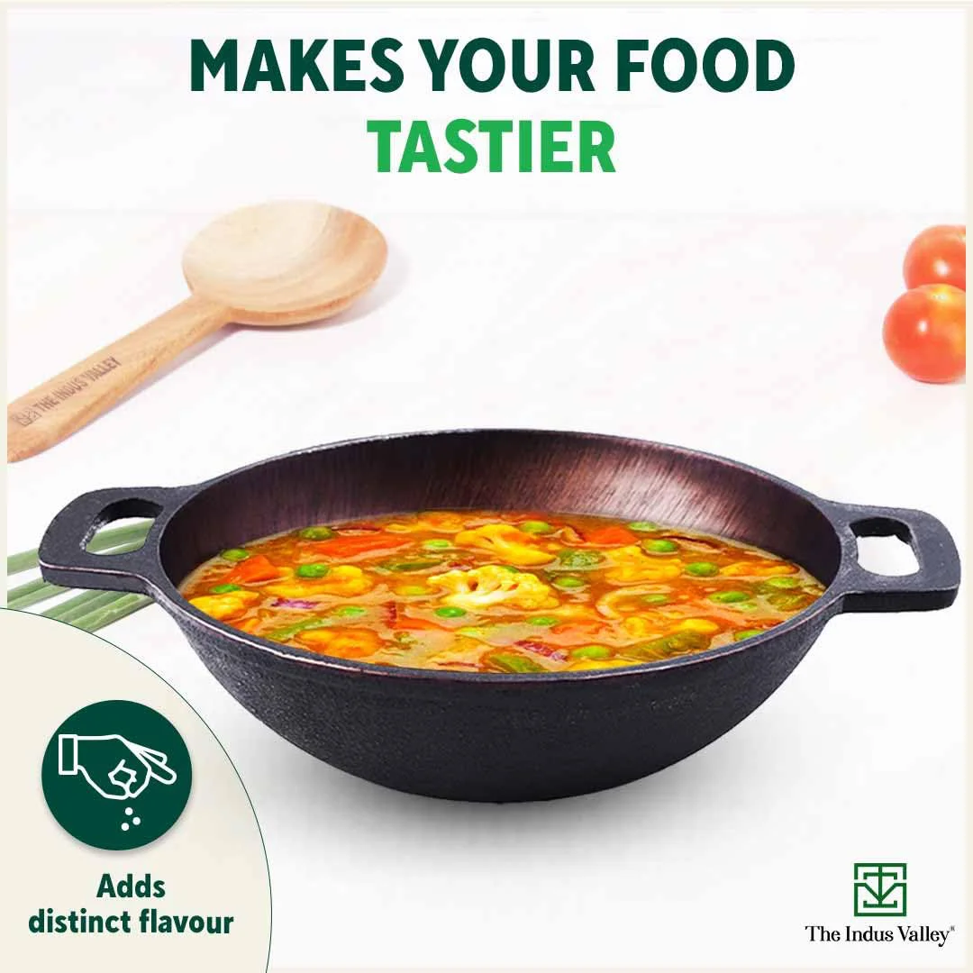 The Indus Valley Super Smooth Cast Iron Kadai, Cooking & Deep Frying, Iron Tadka Pan, 10 inch, 2.4kg, Gas & Induction Friendly, Pre-seasoned, 100%Toxin-free, Long Lasting, No Chemical Coating (Black) - image 1