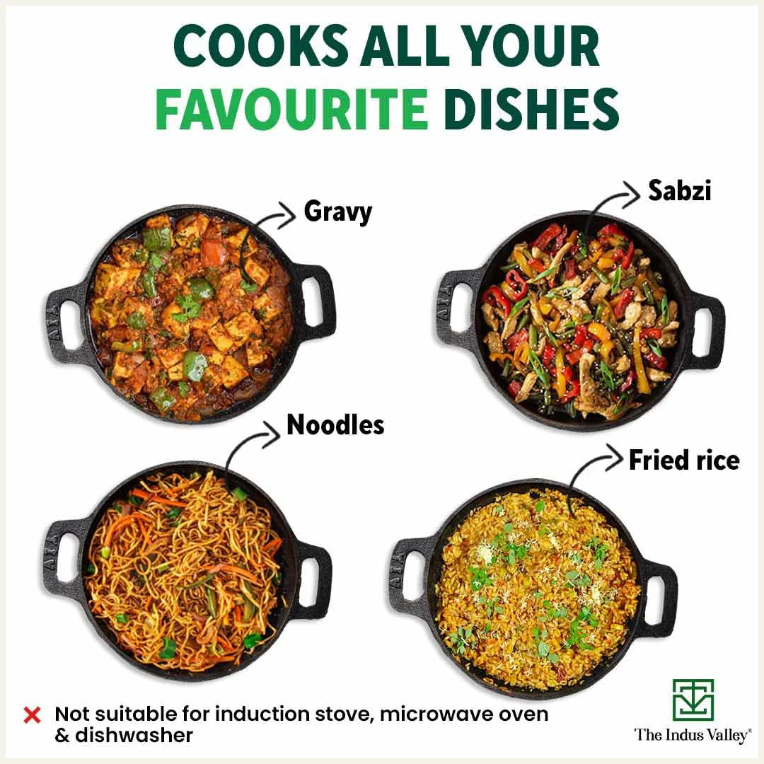 The Indus Valley Super Smooth Cast Iron Kadai, Cooking & Deep Frying, Iron Tadka Pan, 10 inch, 2.4kg, Gas & Induction Friendly, Pre-seasoned, 100%Toxin-free, Long Lasting, No Chemical Coating (Black) - image 2