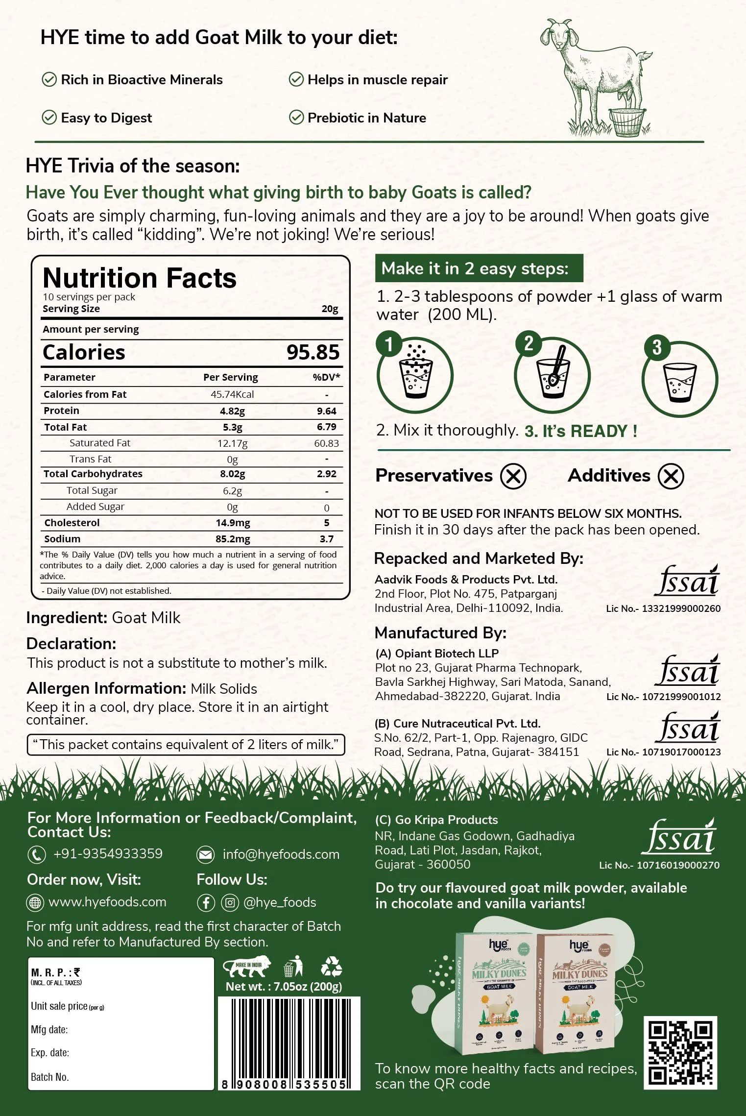 HYE FOODS Goat Milk Powder- 200gms - image 1