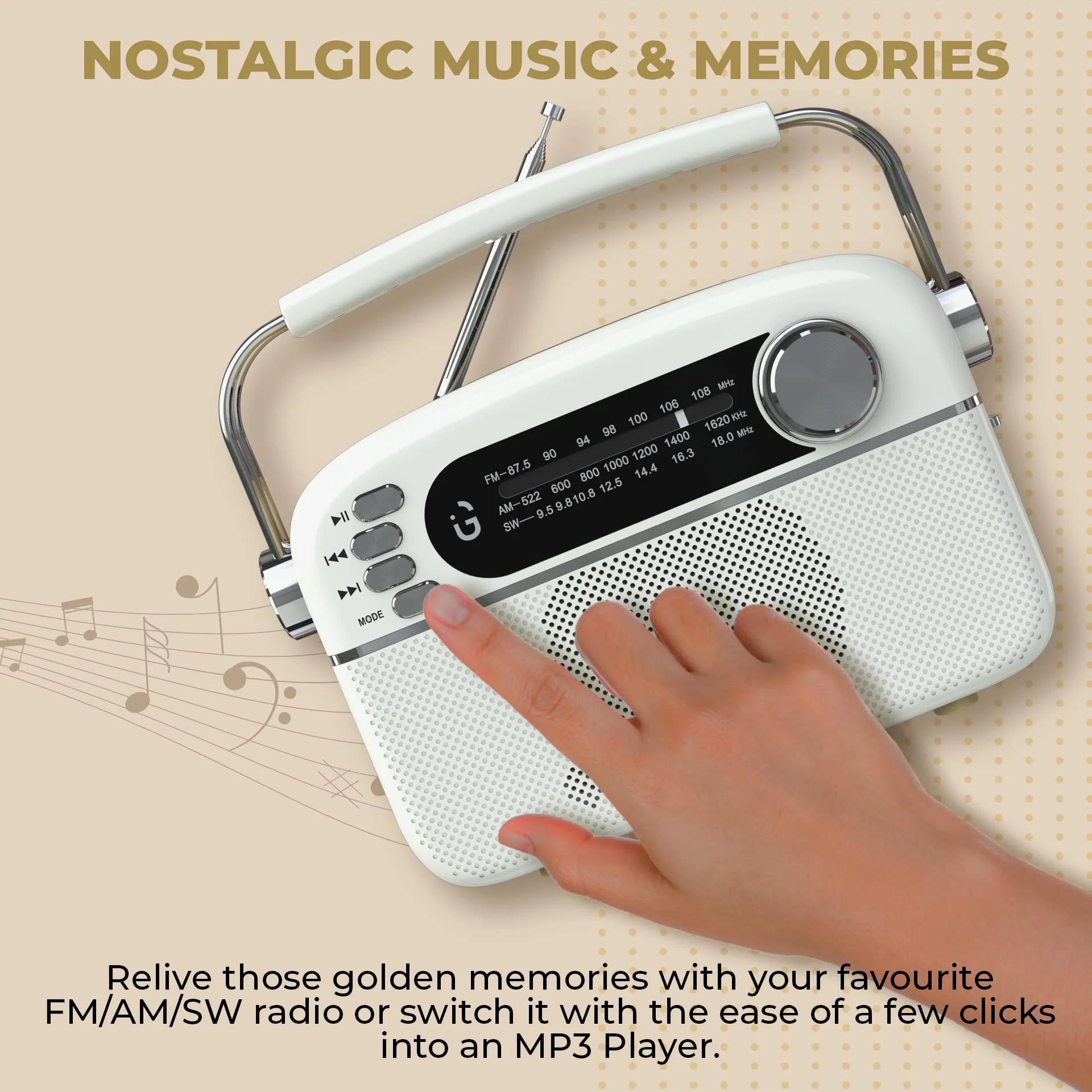 iGear Evoke Retro Modern style Radio and MP3 player with FM/AM/SW, 3 bands, Bluetooth speaker, USB, TF/SD Card, 1200mAh rechargeable battery, Solar charger, Material ABS and Metal, Colour Pearl White and Champagne Gold, 1 Year Free replacement warranty. - image 2