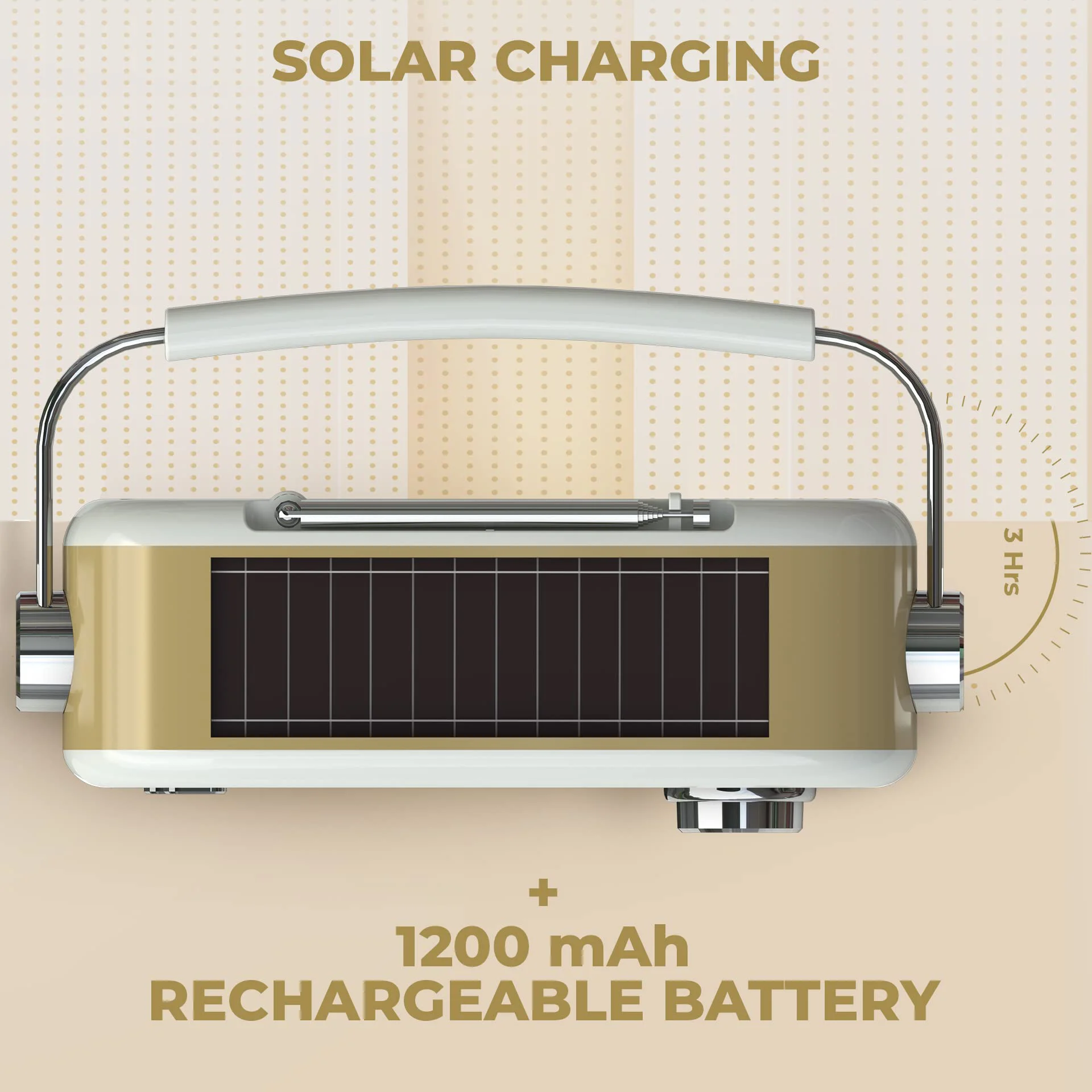 iGear Evoke Retro Modern style Radio and MP3 player with FM/AM/SW, 3 bands, Bluetooth speaker, USB, TF/SD Card, 1200mAh rechargeable battery, Solar charger, Material ABS and Metal, Colour Pearl White and Champagne Gold, 1 Year Free replacement warranty. - image 1