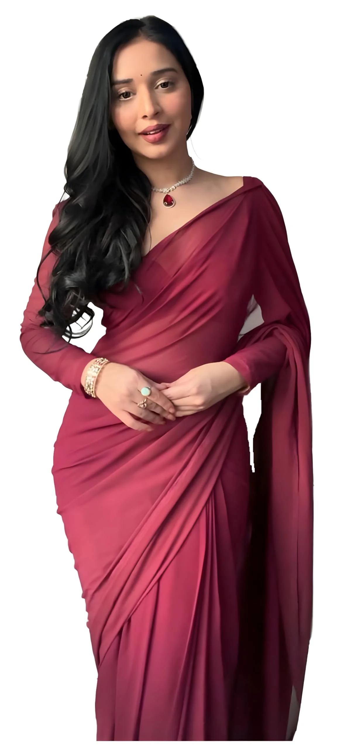 Stylescope Women's Plain Georgette Ready To Wear One Minute Saree With Unstitched Blouse Piece (Kalki Maroon_Maroon_Free Size) - image 2