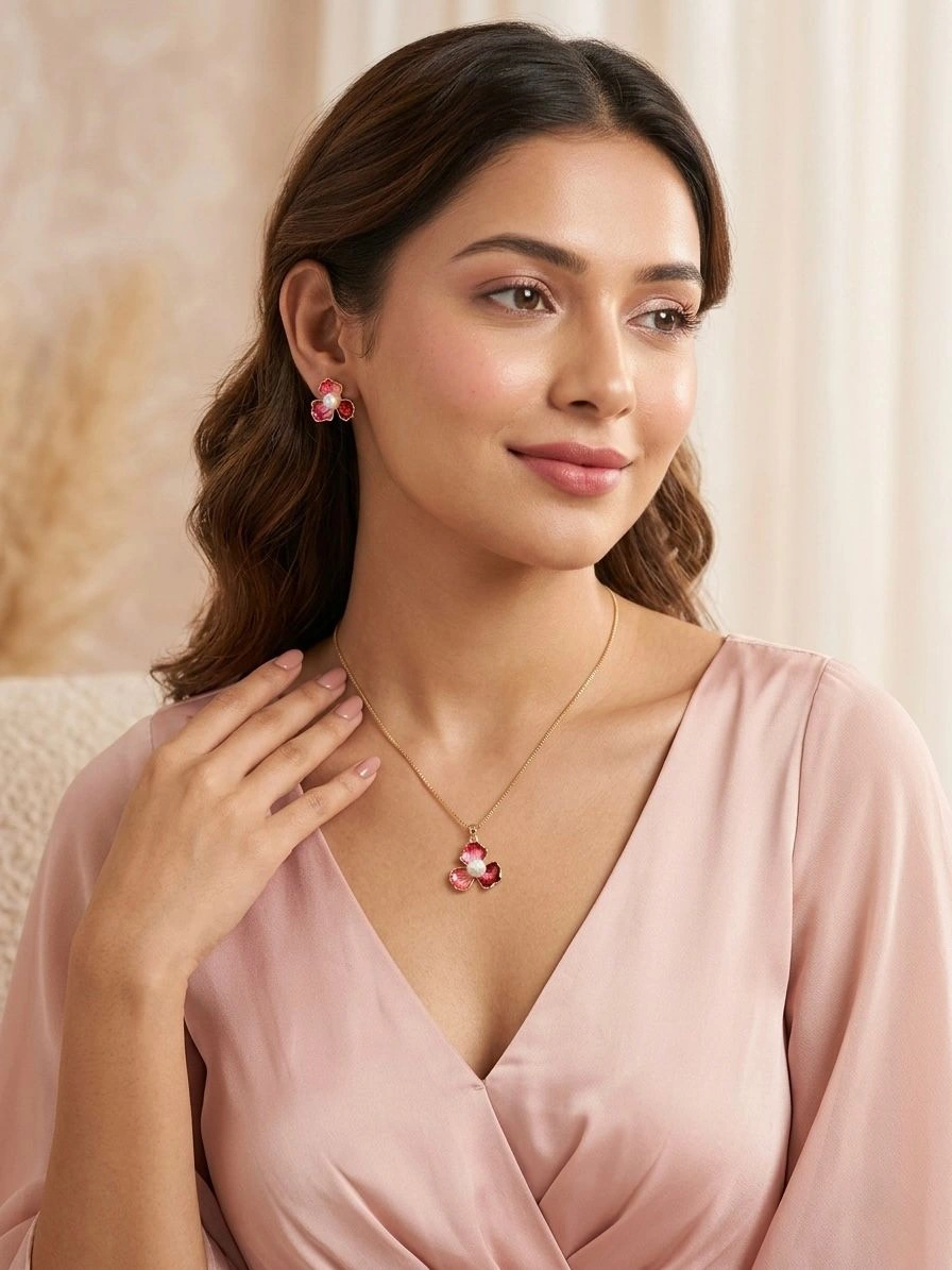 Pink Floral Pendant Necklace & Earrings Set
