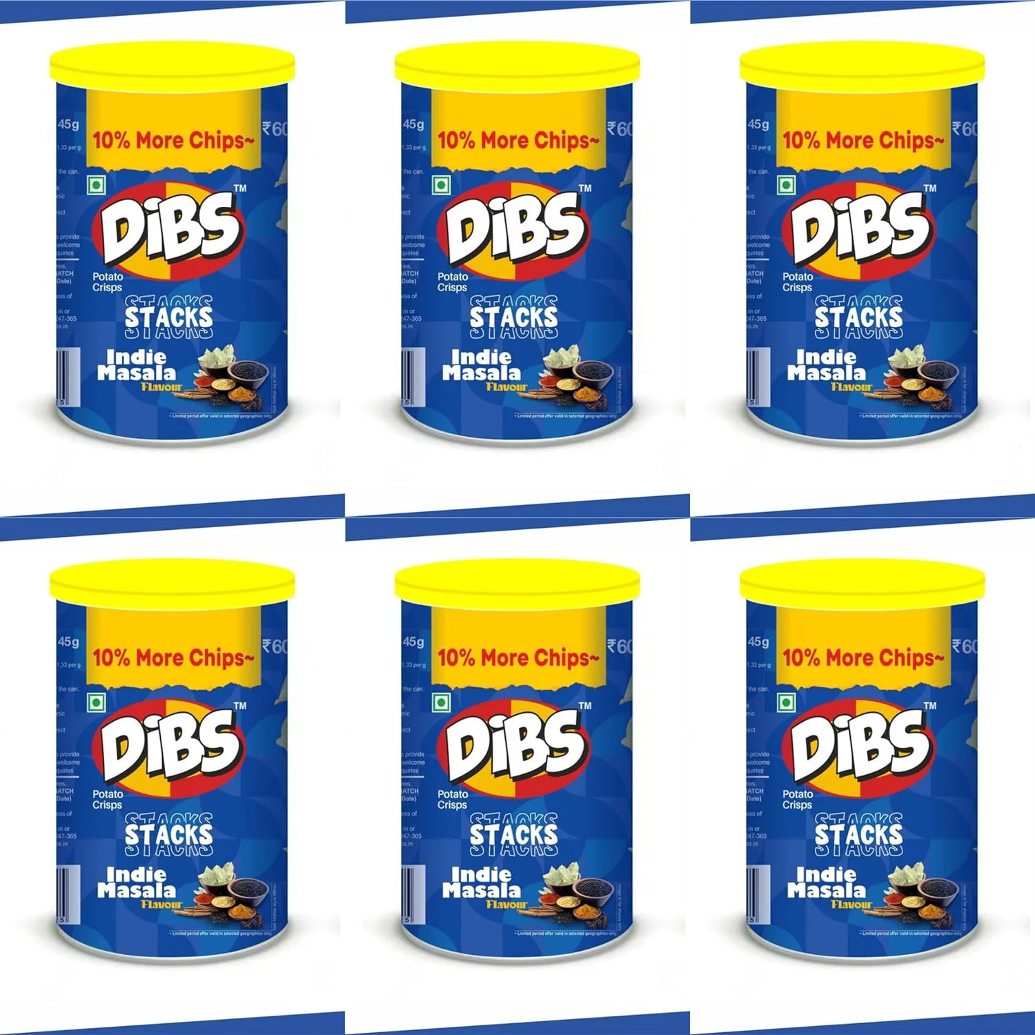 Dibs stacks (Pack of 6, 45 GM Each) Indie Masala Potato Crisps Chips On the Go Adventure, Crunchy Healthy and Tasty Chips, Snacks Chips - image 1