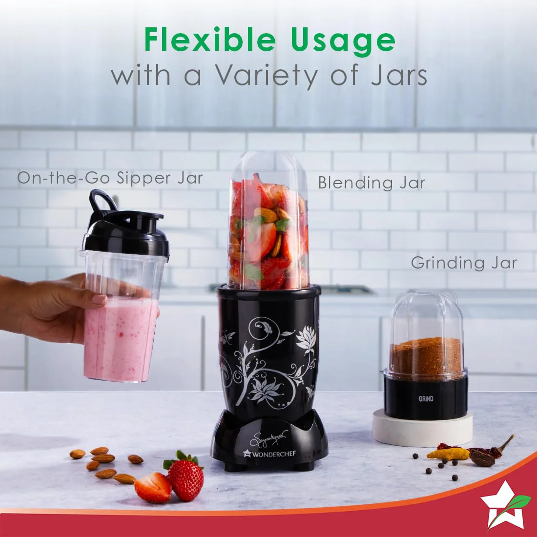 Wonderchef Nutri-blend Mixer Grinder Blender, Smoothie Maker, 3 Unbreakable Jars (Blending, Grinding, and Sipper Jar), 500W 22000 RPM 100% Full Copper Motor, SS Blades, 2 Year Warranty, Black - image 1