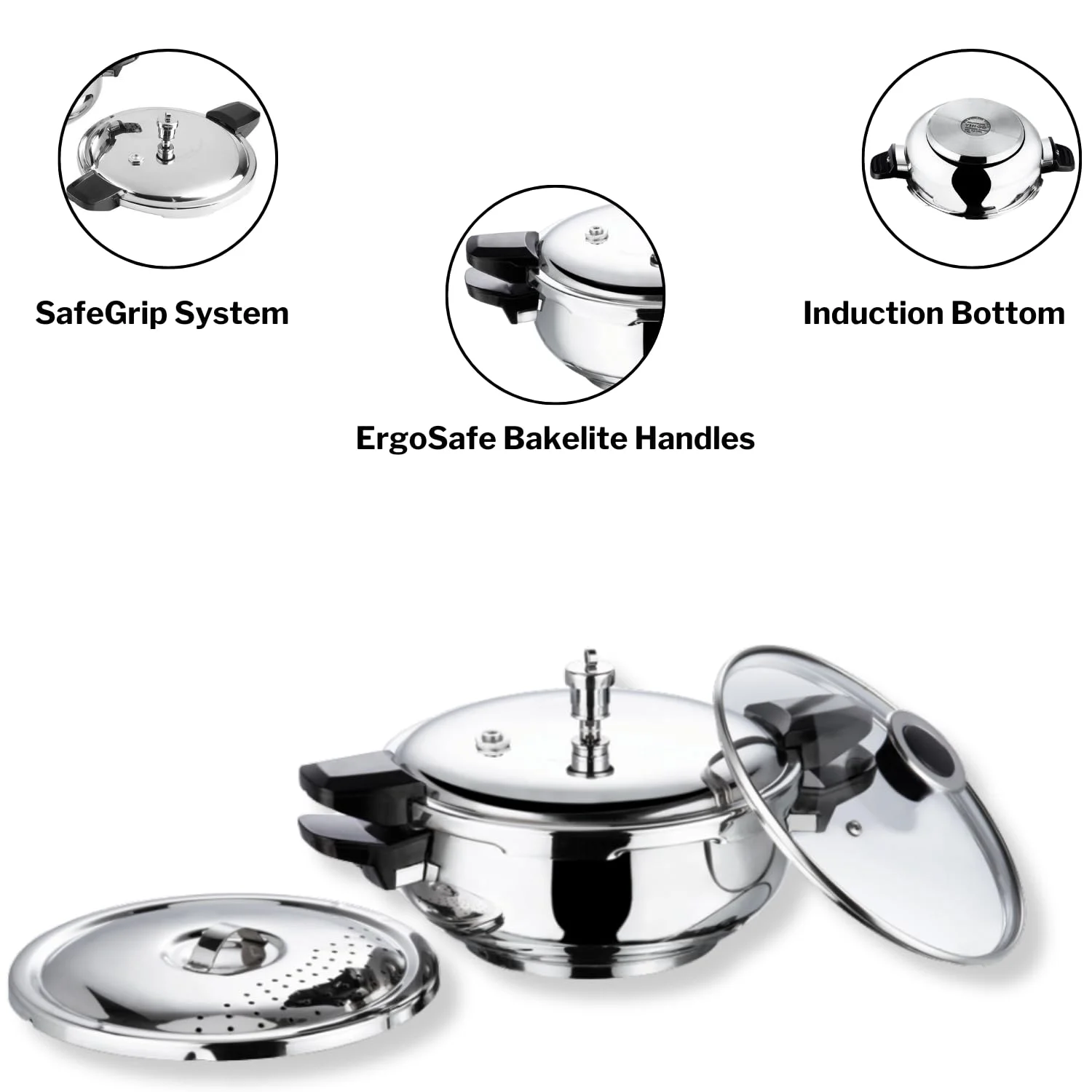 Vinod Magic Stainless Steel Smart 3 in 1 Pressure Cooker 3.5 Litre | 5mm Thick Base | All in One Cooker with Strainer & Glass Lid | Induction and Gas Base | ISI certified | 2 Years Warranty - image 1