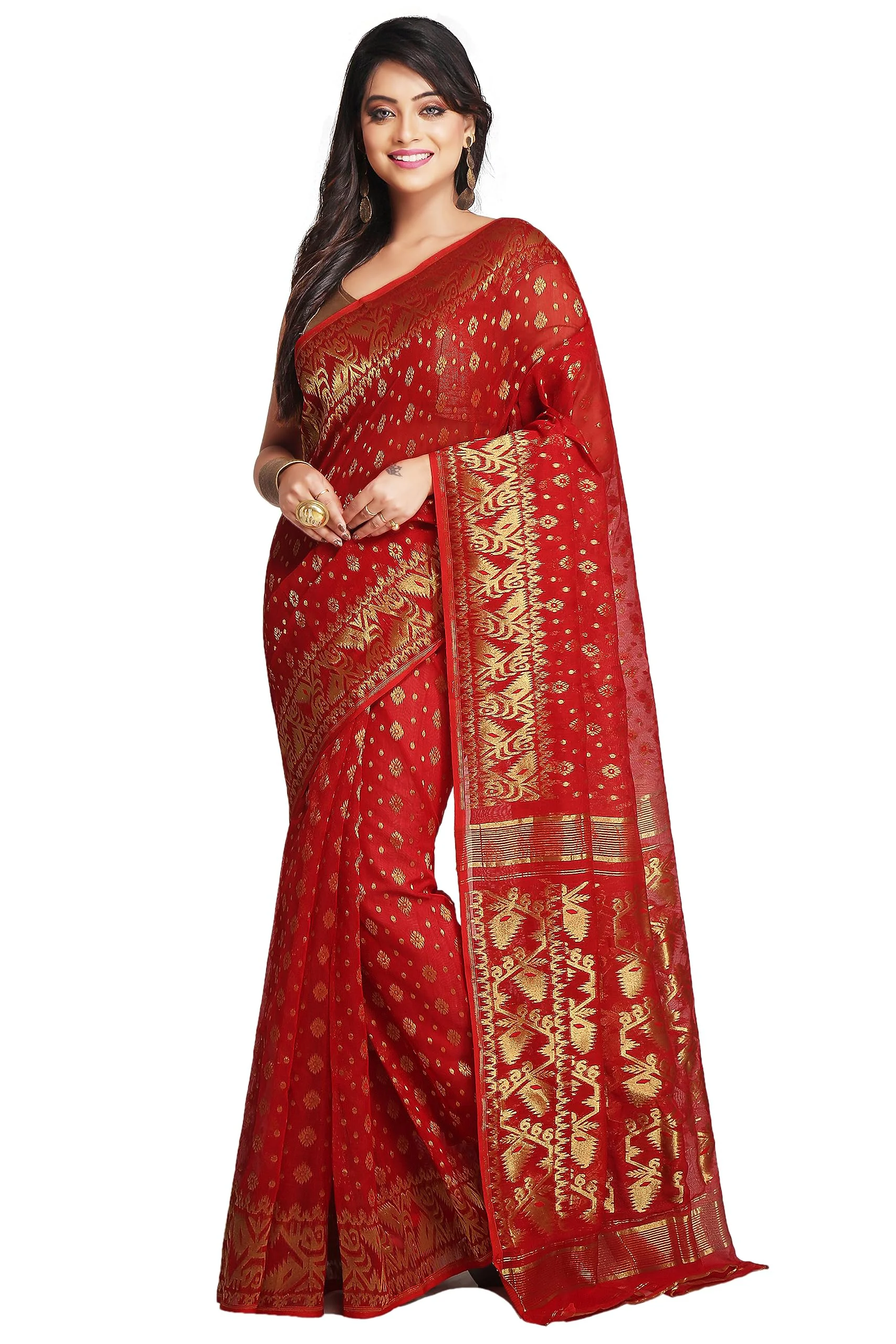 WoodenTant women’s cotton silk golden zari dhakai jamdani saree without blouse piece_(Red) - image 2
