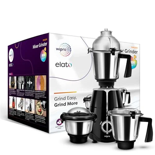 Wipro Elato FMG208 800 Watt Mixer Grinder with 3 Jars,Heavy Duty 100% Copper Ball Bearing Motor with 5 Year Warranty,Superfast Grinding,Clip Lids - Hands Free use, 3 Jars Mixer Grinder 800 Watt,Black - image 2