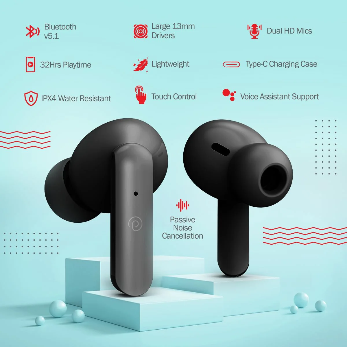 pTron Bassbuds Duo in-Ear Wireless Earbuds, Immersive Sound, 32Hrs Playtime, Clear Calls TWS Earbuds, Bluetooth V5.1 Headphone, Type-C Fast Charging, Voice Assist & IPX4 Water Resistant (Black Matt) - image 1