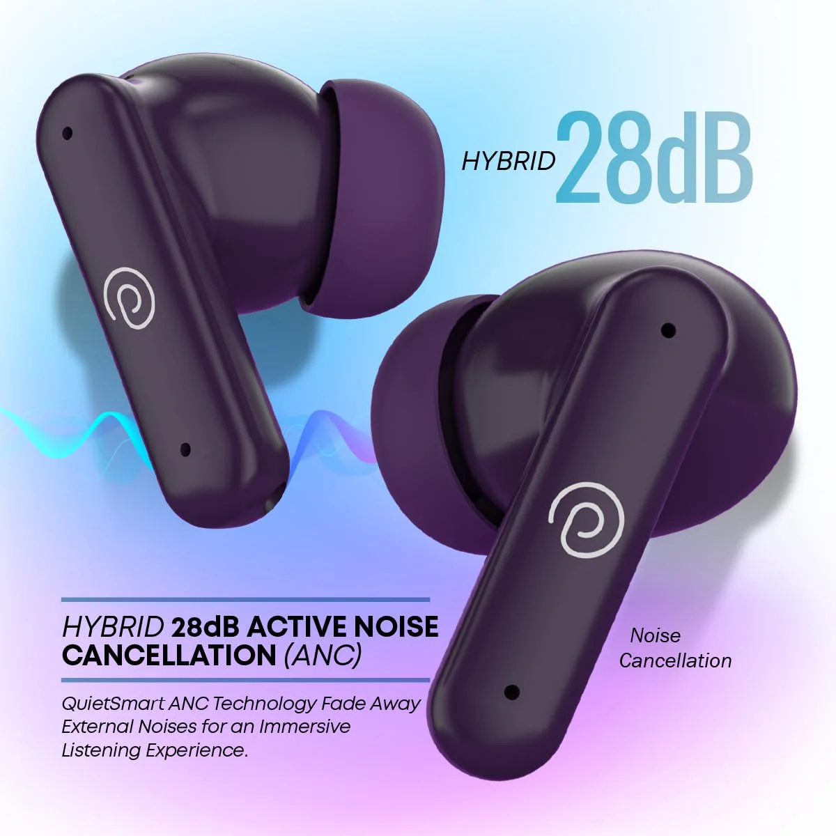pTron Newly Launched Zenbuds 1 ANC Earbuds, 28dB Active Noise Cancellation TWS, Quad Mic TruTalk ENC Calls, 60Hrs Playtime, 45ms Game/Movie Mode & in-Ear Bluetooth 5.3 Wireless Headphones (Purple) - image 2