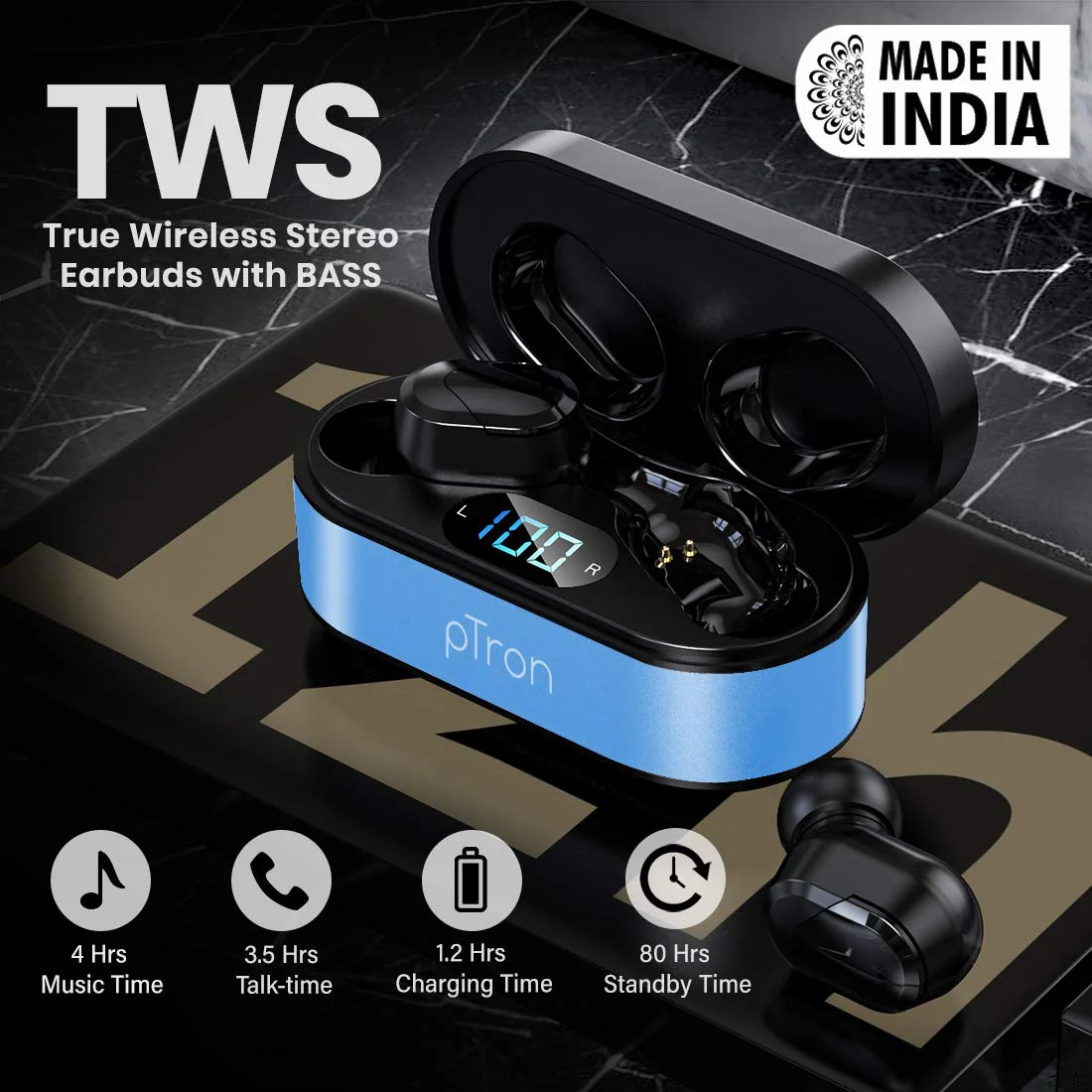 pTron Bassbuds Plus in Ear True Wireless Stereo Earbuds with Mic, Deep Bass Bluetooth Headphones, Voice Assistance, IPX4 Sweat & Water Resistant TWS, 12Hrs Battery & Fast Charge (Blue & Black) - image 1