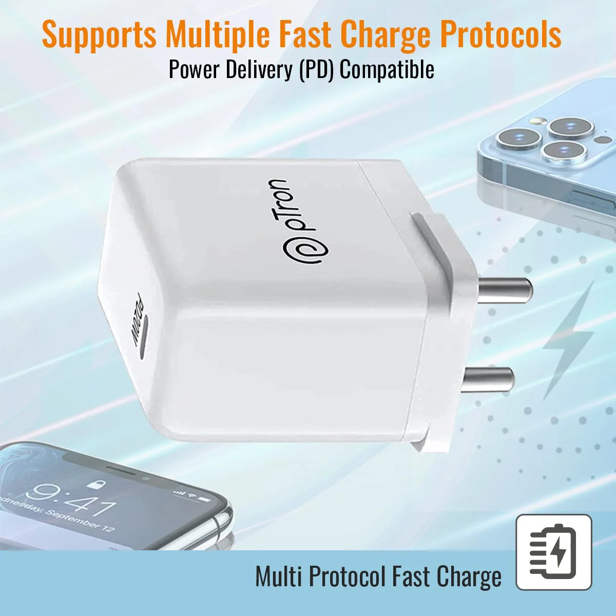 pTron Volta Zip 20W PD Fast Charger for iPhone 14/14 Plus/14 Pro/14 Pro Max,iPhone 13/13 Pro/13 Pro Max/13 Mini,12/12 Mini/12 Pro Max,iPhone 11 Series with PD3.0, Type-C 20W Adapter with Cable (White) - image 1