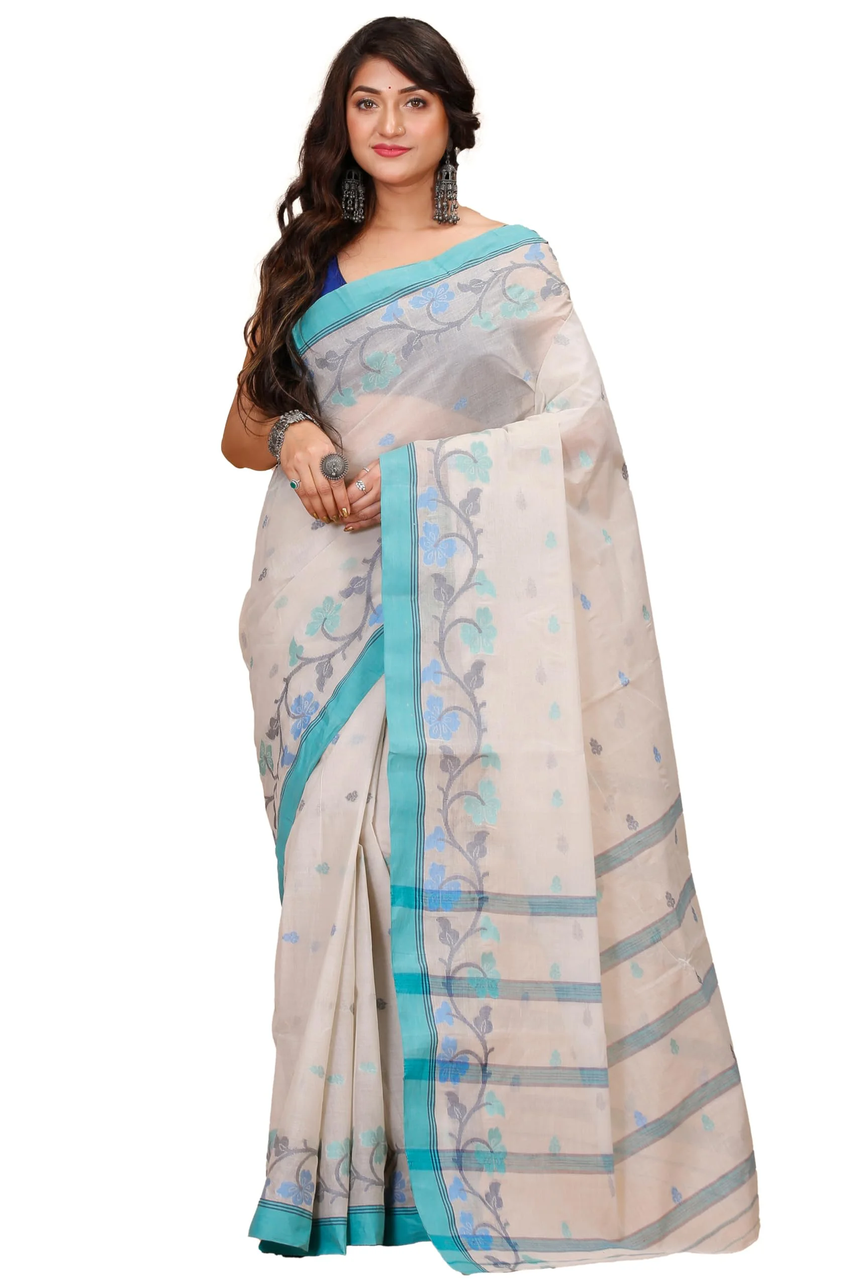 Tant Story Women's Traditional Bengal Trending Tant Handloom Pure Cotton Tangail Saree without Blouse Piece (Off White) - image 1