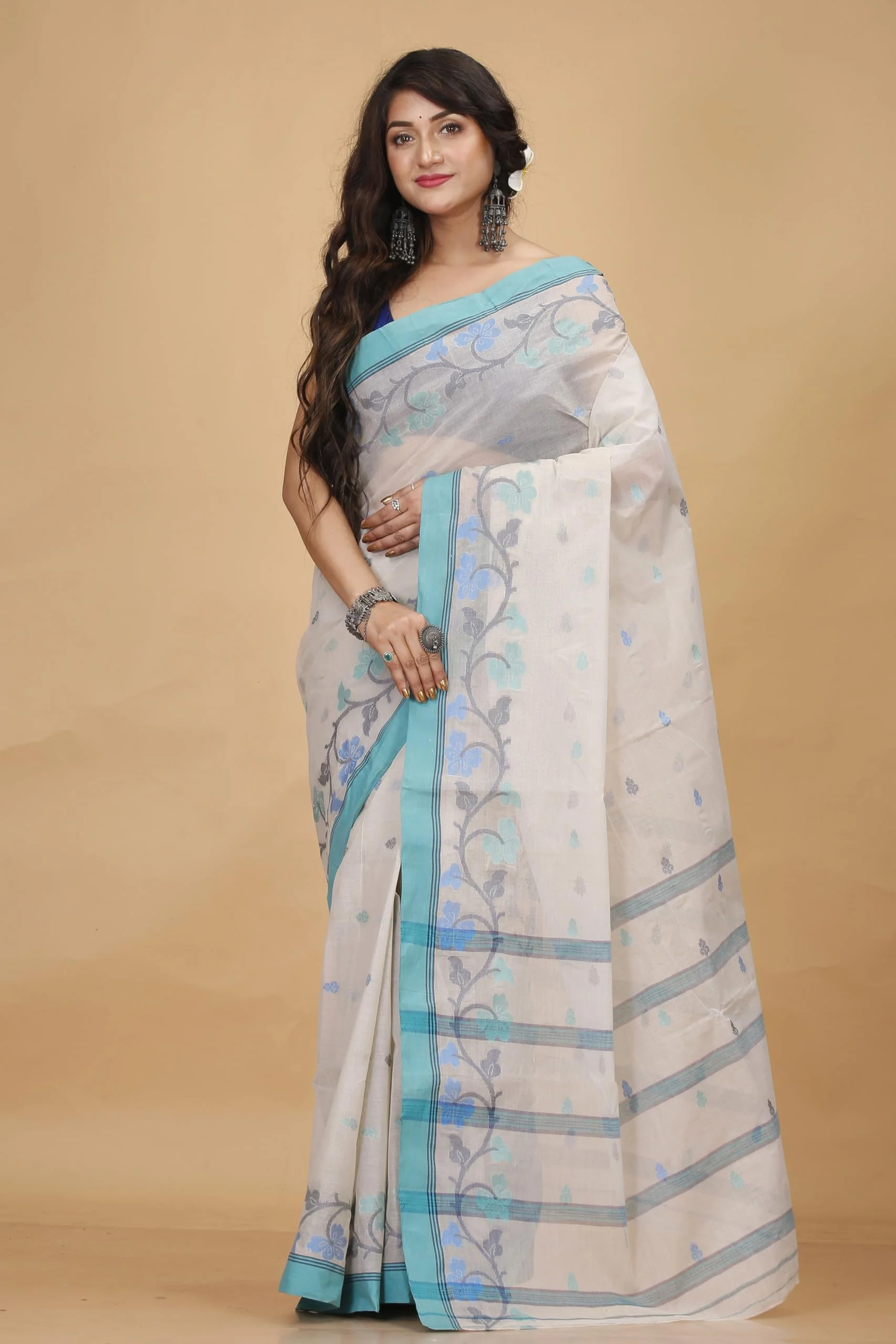 Tant Story Women's Traditional Bengal Trending Tant Handloom Pure Cotton Tangail Saree without Blouse Piece (Off White) - image 2