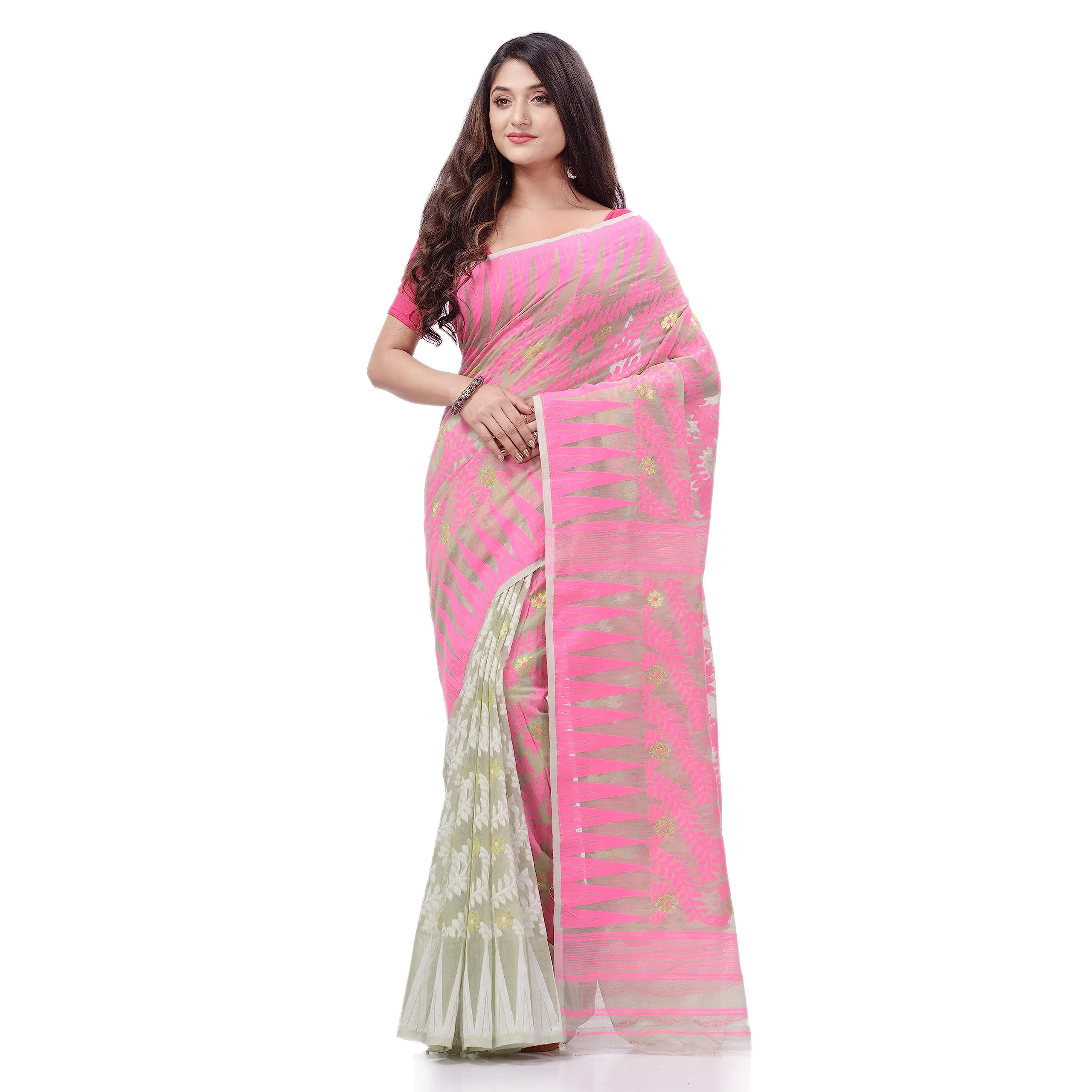 dB DESH BIDESH Women`s Tamarind Leaf Resham Dhakai Jamdani Pure Cotton Handloom Saree Whole Body Design without Blouse Piece (Pink Off White) - image 2