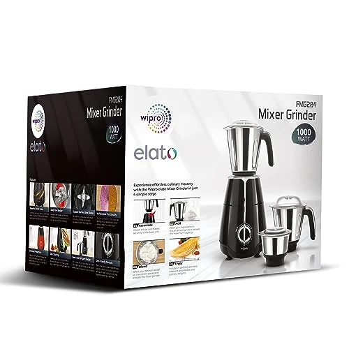 Wipro Elato FMG204 1000 Watt Mixer Grinder with 3 Jars(Wet Grinding Jar (1.5 L) + Dry Grinding Jar (1.2 L) + Chutney Jar (0.5 L)), 100% Copper Motor, 5 Years Motor Warranty, Doorstep Service,Black - image 1