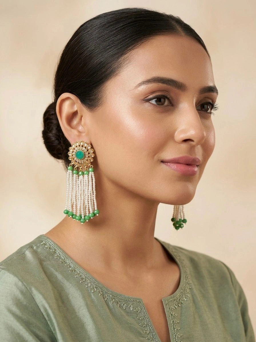 Pearl Tassel Earrings with Green Stones