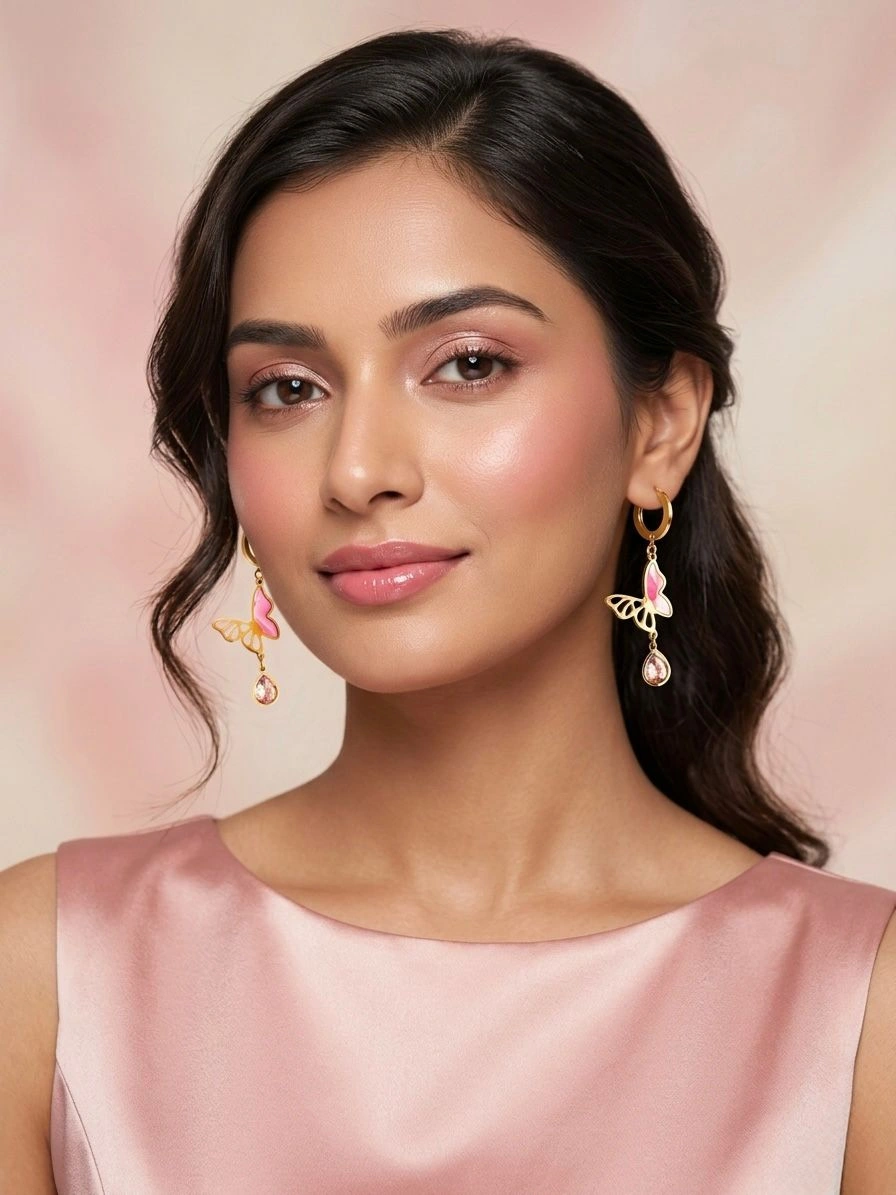 Pink Butterfly Drop Earrings with Crystal