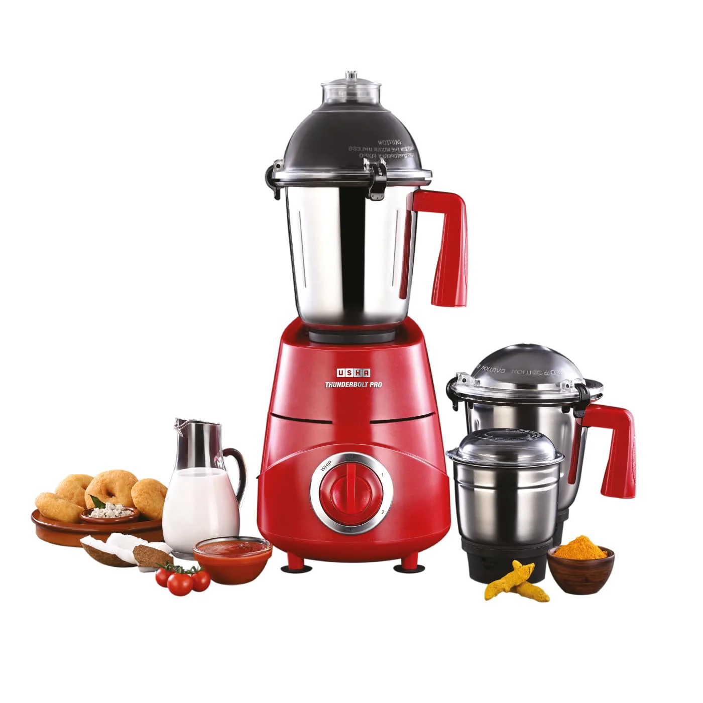 USHA Thunderbolt Pro 1000W with 3 Jars, 100% Copper Ball-Bearing Motor, Handsfree operation, 3 Jars, 3-Speed Setting with Inching option, 5 Years Warranty on Motor (Red) - image 2