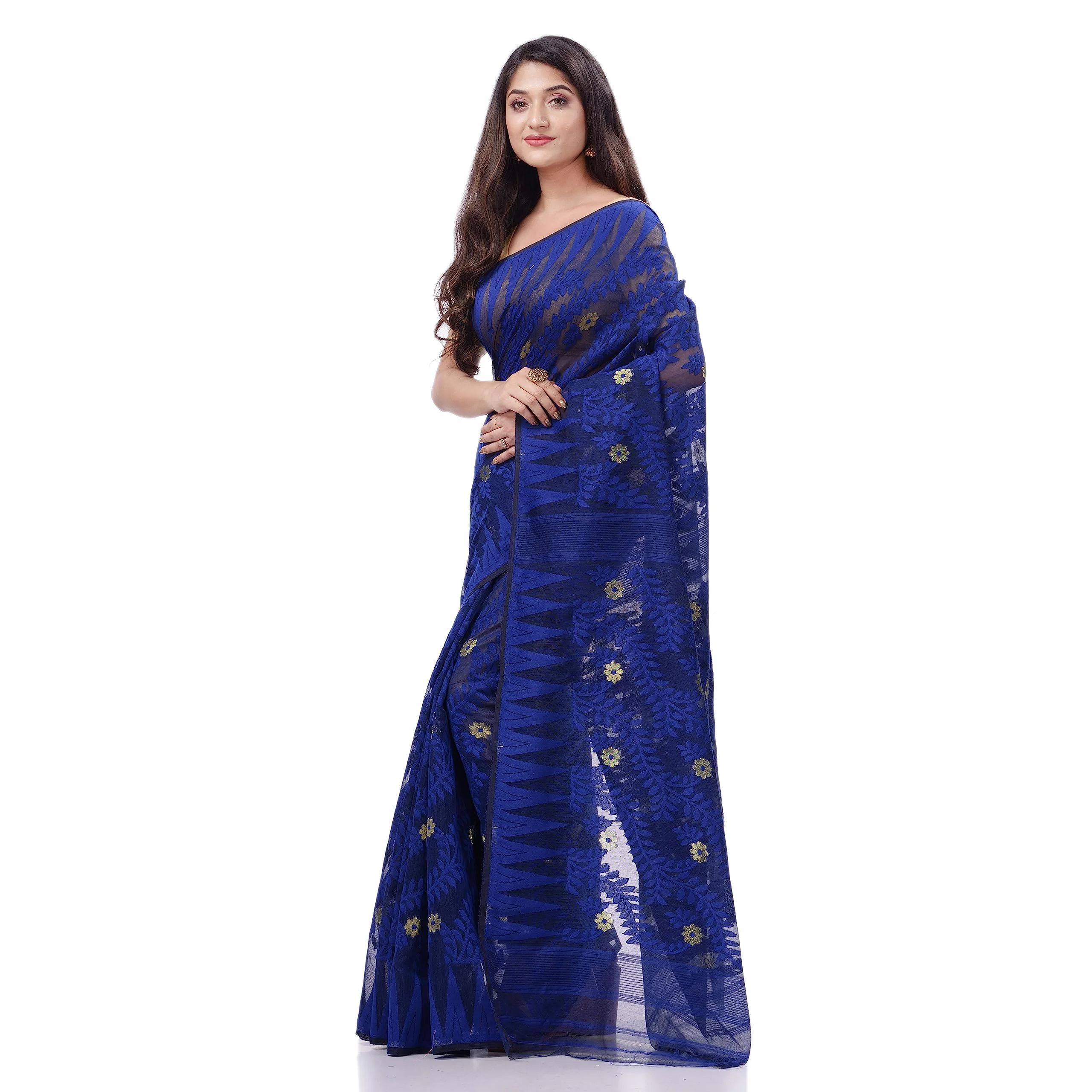 dB DESH BIDESH Women`s Tamarind Leaf Resham Dhakai Jamdani Pure Cotton Handloom Saree without Blouse Piece (Deep Blue) - image 1