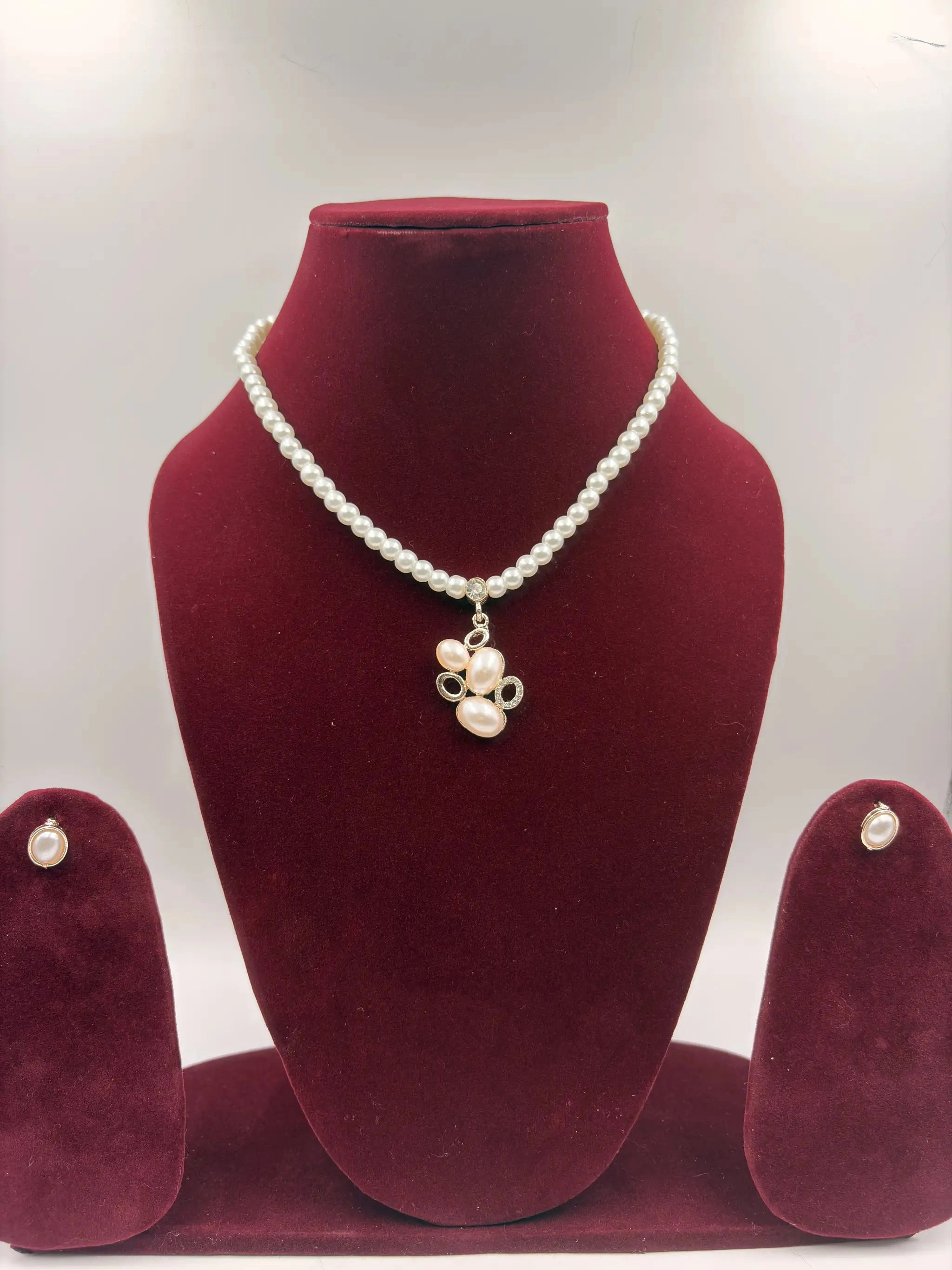 Pearl Necklace with Cluster Pendant Set – 3-Piece Artificial Jewellery