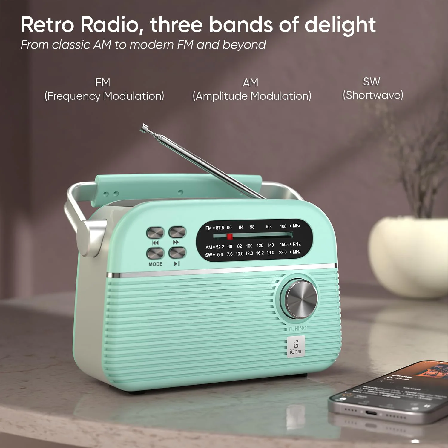 iGear Trinity Solar-Powered MP3 Player & 3-Band Radio with FM/AM/SW, Retro Modern Style, Bluetooth, USB, TF/SD Card, 1200 mAh Rechargeable Battery, Solar Charger, 1 Year Replacement Warranty (Blue) - image 2