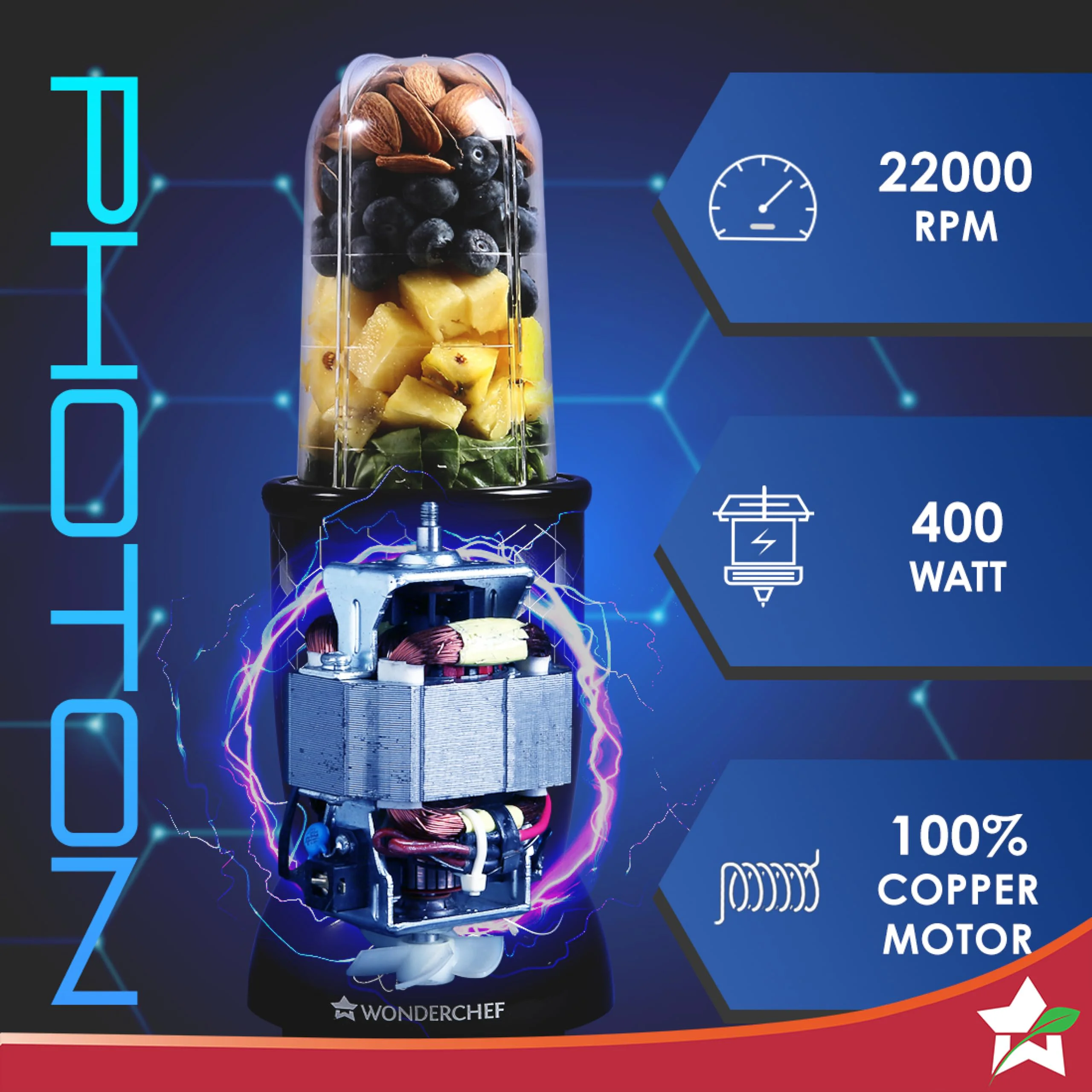 Wonderchef Nutri Blend Photon with Sipper Lid|Mixer, Grinder,Blender & Smoothie Maker|22000 RPM, 400W 100% Full Copper Motor|2 Unbreakable Jars|2 Year Warranty|Recipe book by Chef Sanjeev Kapoor|Black - image 1