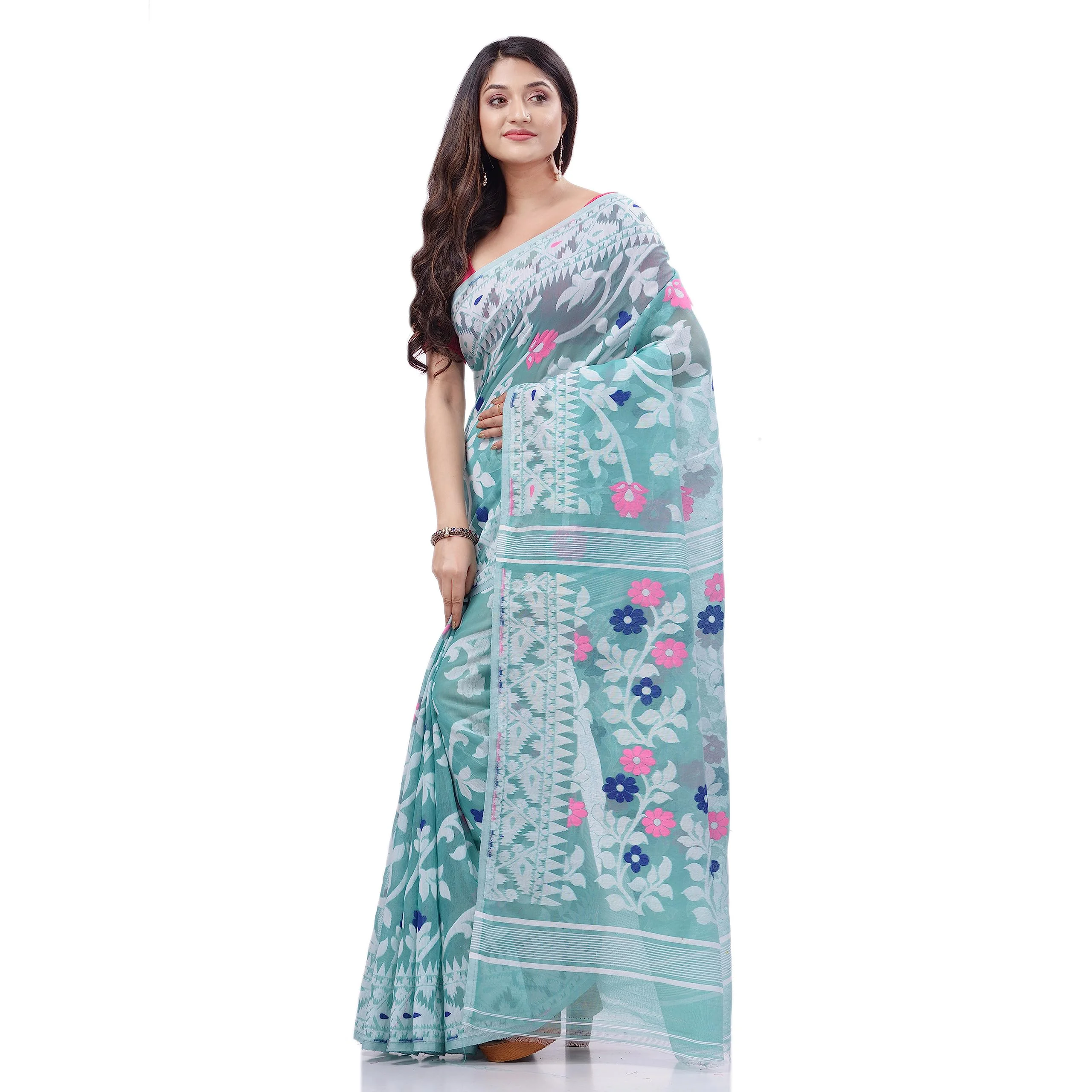 dB DESH BIDESH Women's Rangabati Resham Dhakai Jamdani Pure Cotton Handloom Saree Without Blouse Piece (Firoza, Multicolor) - image 1