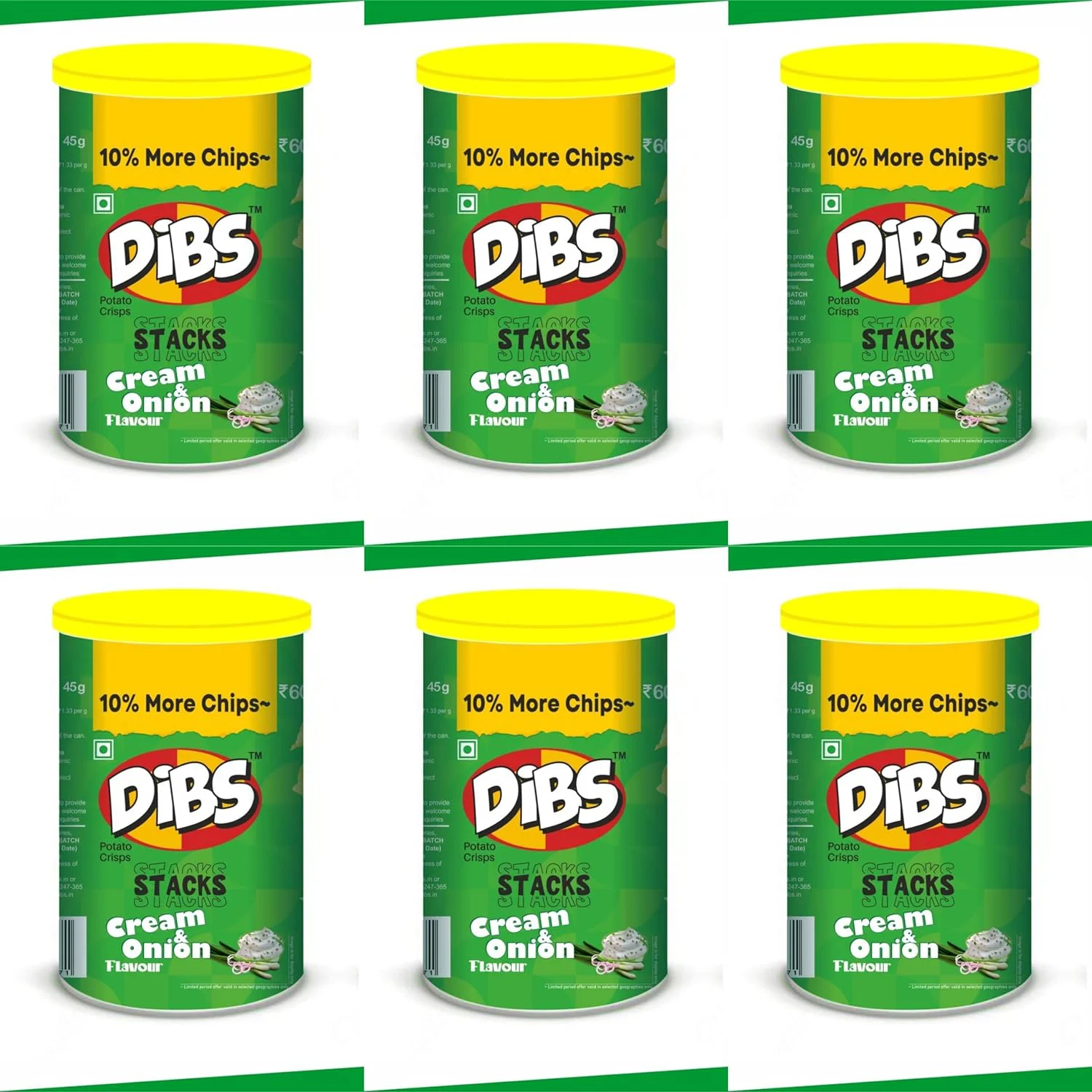 Dibs stacks (Pack of 6, 45 GM Each) Cream N Onion Potato Crisps Chips On the Go Adventure, Crunchy Healthy and Tasty Chips, Snacks Chips - image 2