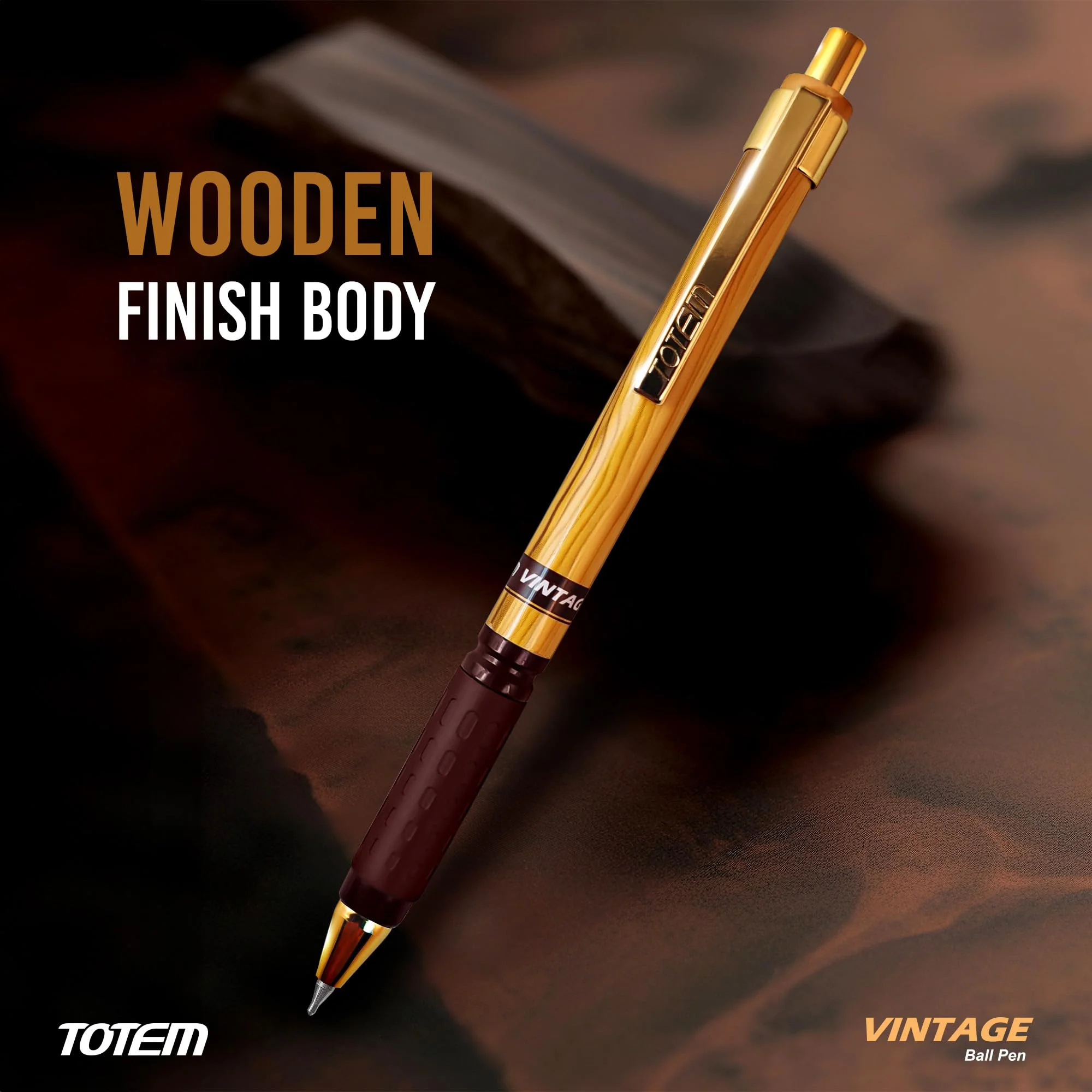TOTEM Vintage Ball Pens | 10 Blue Ink Pens | Attractive Woody Texture | 0.7 mm Tip | Pens for Students | Comfortable Grip | Smudge Free Writing | Retractable & Click Pens | Gifting & Office Purpose - image 1