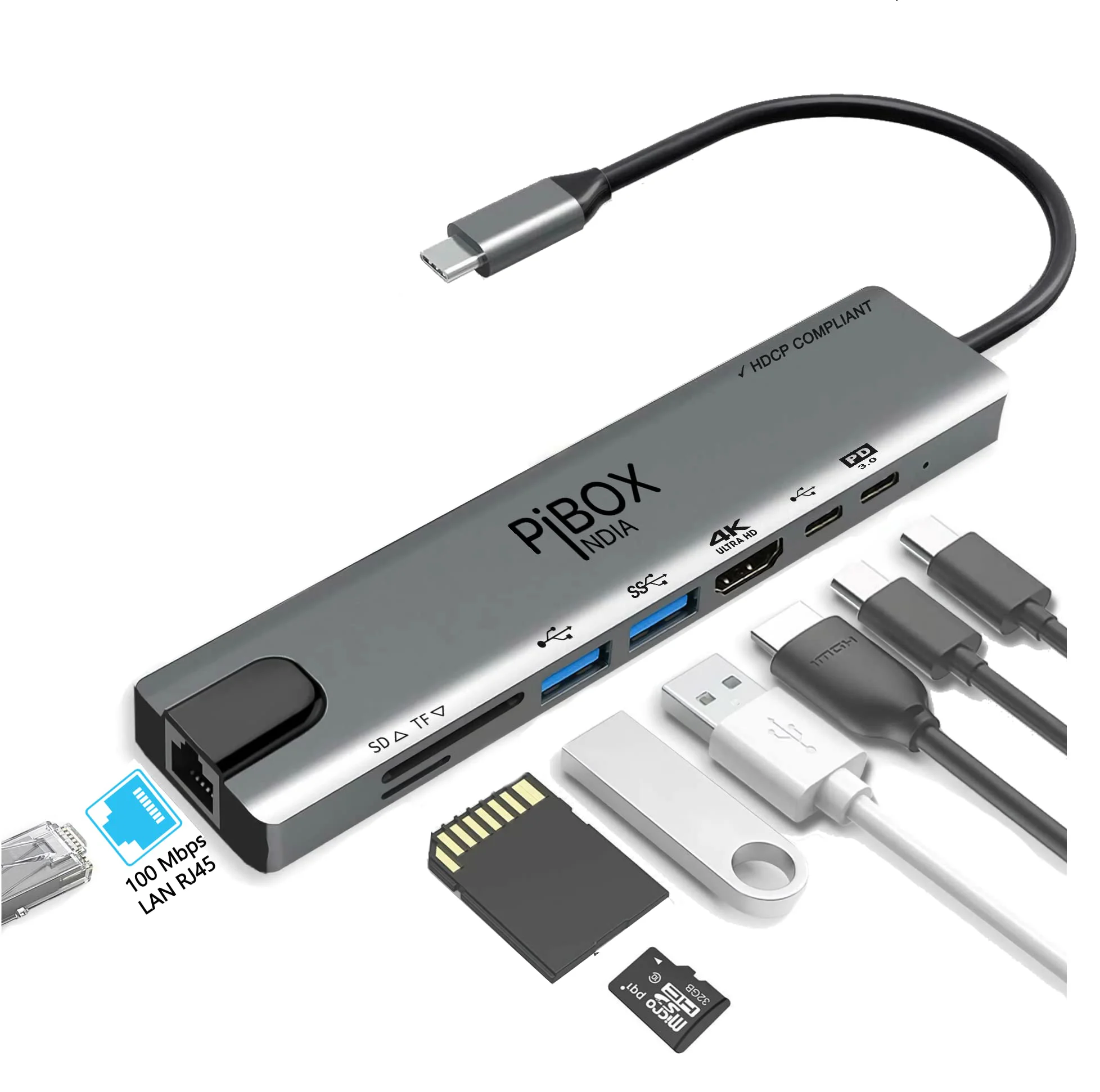 pibox India USB C Hub Dock 8 in 1 HDCP Aluminum Type C Adapter with 4K HDMI Port, Ethernet 100mbps RJ45 Port, USB 3.0 Port, USB-C Power Delivery, TF/SD Card Reader, MacBook/Dell/Samsung USB C Devices - image 1