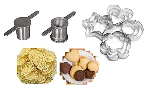 UROOJ Best Combo of Aluminium Kitchen Press ith 5Blades Snack/Noodles Press/Muruklu/Murukku Maker & M Tech 12 Pieces Cookie Cutter Stainless Steel Cookie Cutter with 4 Different Shape - image 1