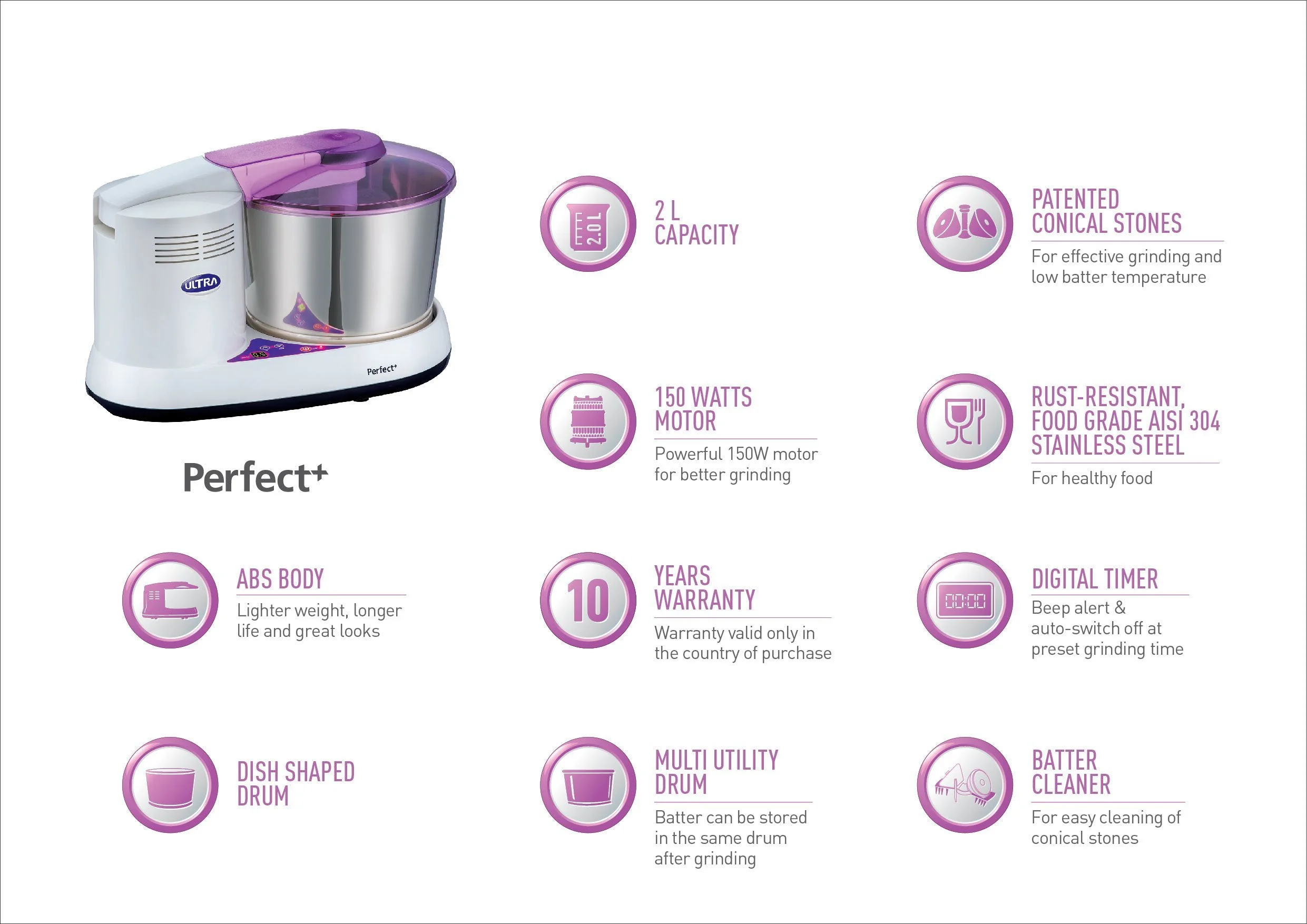 Ultra ABS Plastic Elgi Ultra Perfect+ Wet Grinder, 2 L (White) - image 1