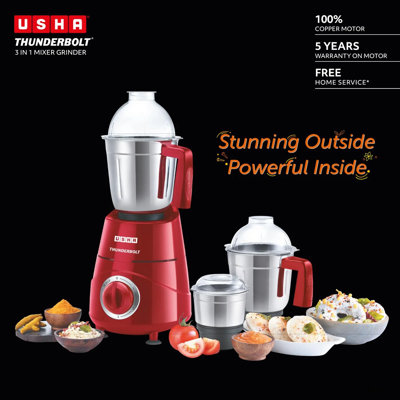 USHA Thunderbolt 800-Watt Copper Motor Mixer Grinder with 3 Jars and 5 Years Motor Warranty(Red) - image 1
