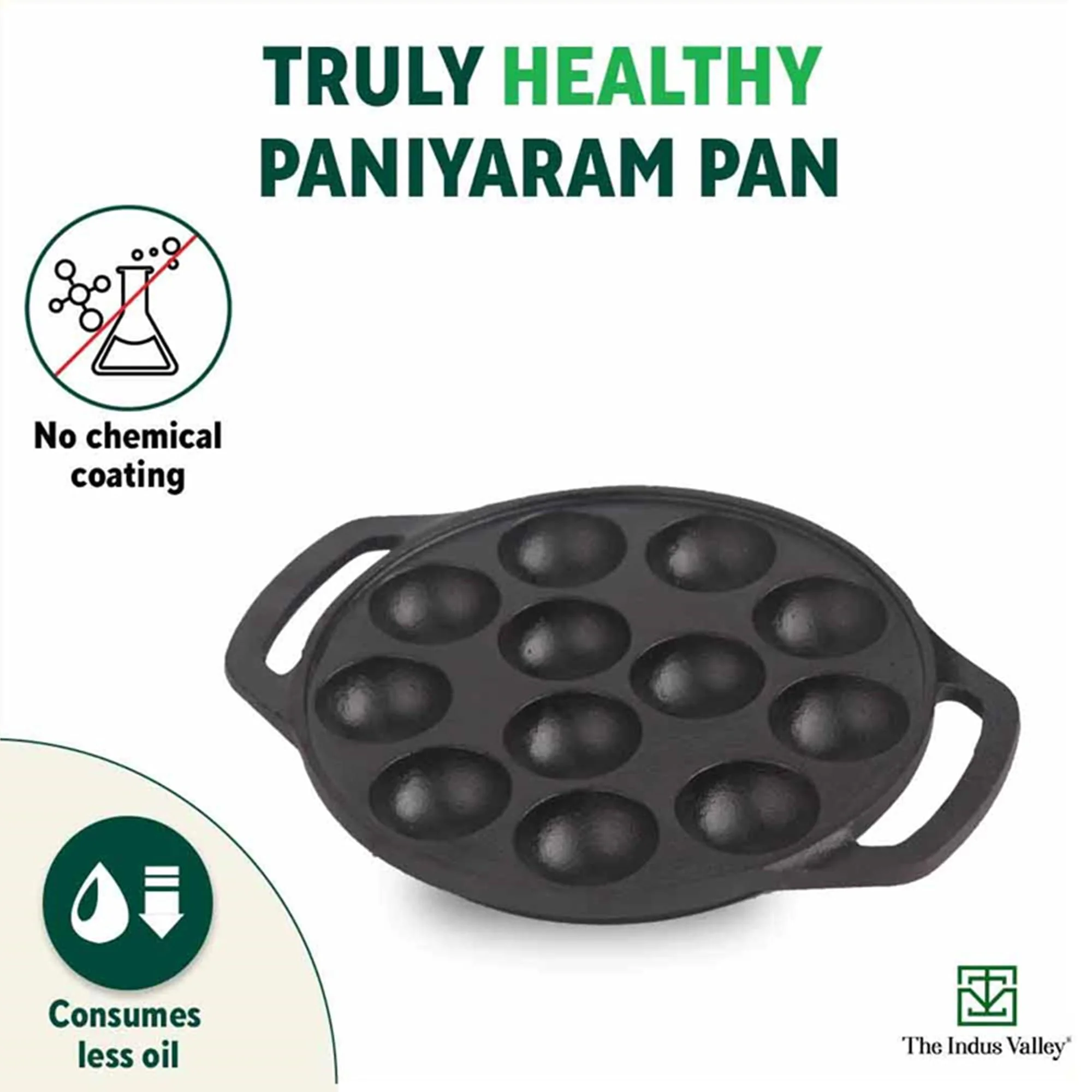 The Indus Valley Pre-Seasoned Cast Iron Paniyaram Pan With Spatula|Medium, 12Pit, 8.3Inch/21 Cm, 2Kg|Induction Friendly|Nonstick Appe/Paddu Pan, 100% Pure & Toxin-Free, No Chemical Coating, Black - image 2
