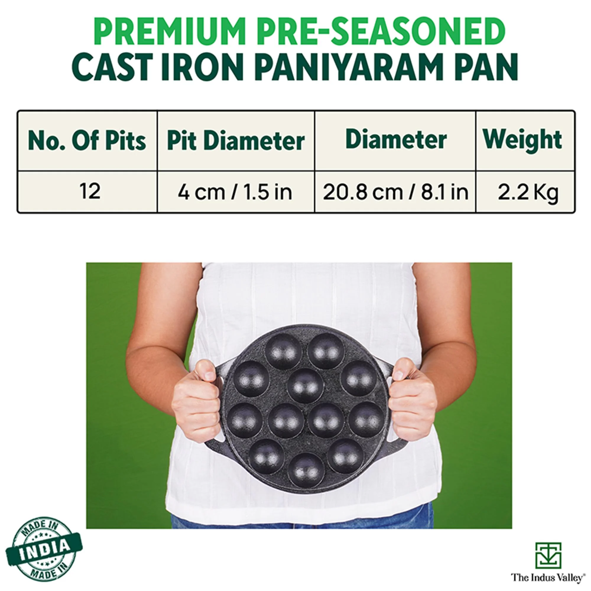 The Indus Valley Pre-Seasoned Cast Iron Paniyaram Pan With Spatula|Medium, 12Pit, 8.3Inch/21 Cm, 2Kg|Induction Friendly|Nonstick Appe/Paddu Pan, 100% Pure & Toxin-Free, No Chemical Coating, Black - image 1