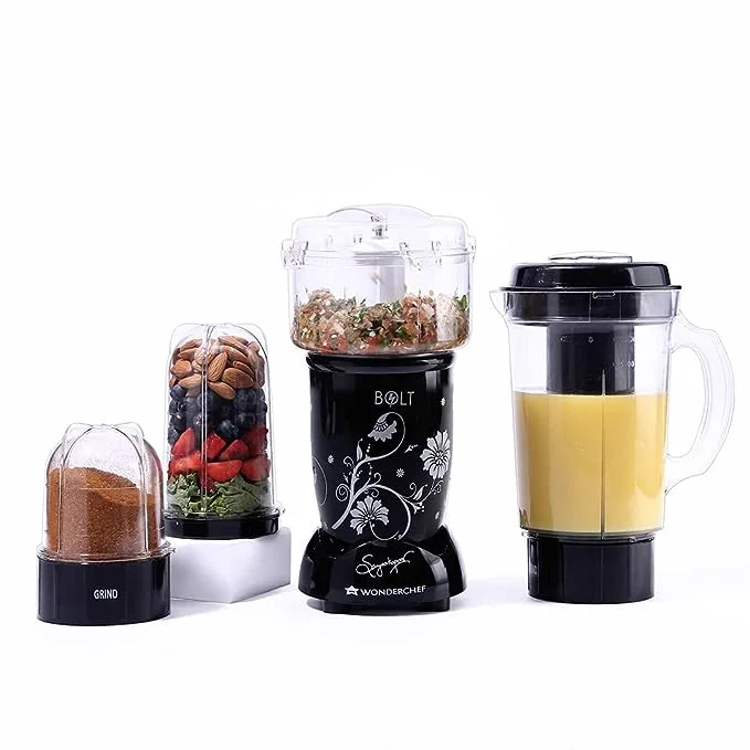 Wonderchef Nutri-blend BOLT Complete Kitchen Machine | 600W Powerful 100% Full Copper Motor | 22000 RPM Mixer grinder, Blender & Chopper | SS Blades | 4 unbreakable jars with Sipper lid | 2 Years warranty | Recipe book by Chef Sanjeev Kapoor | Black