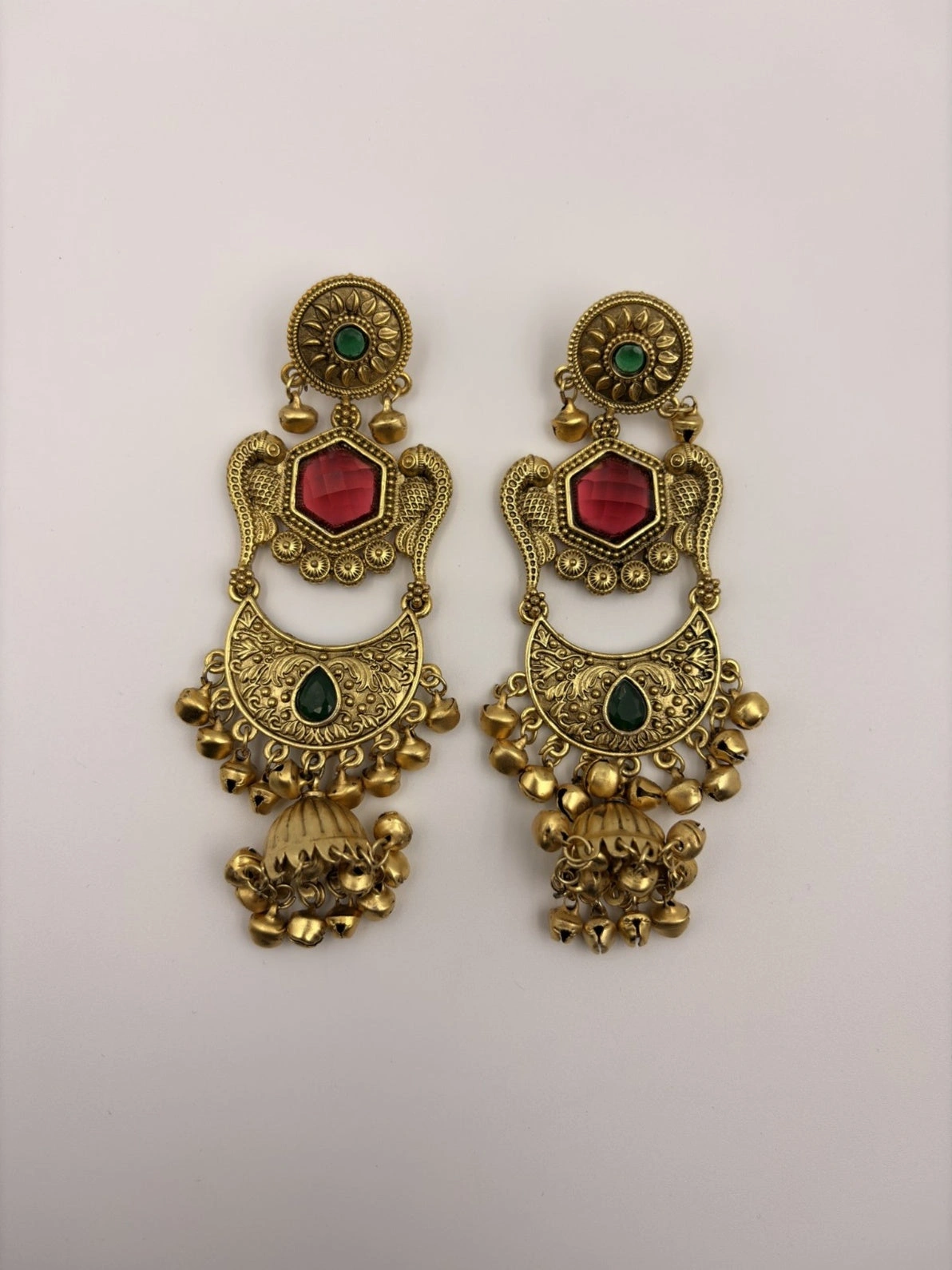 Antique Gold Temple Jhumka Earrings – Fashion Jewellery with Green & Maroon Stones