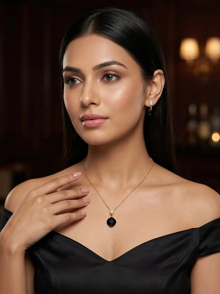 Black Stone Pendant Necklace & Earrings Set