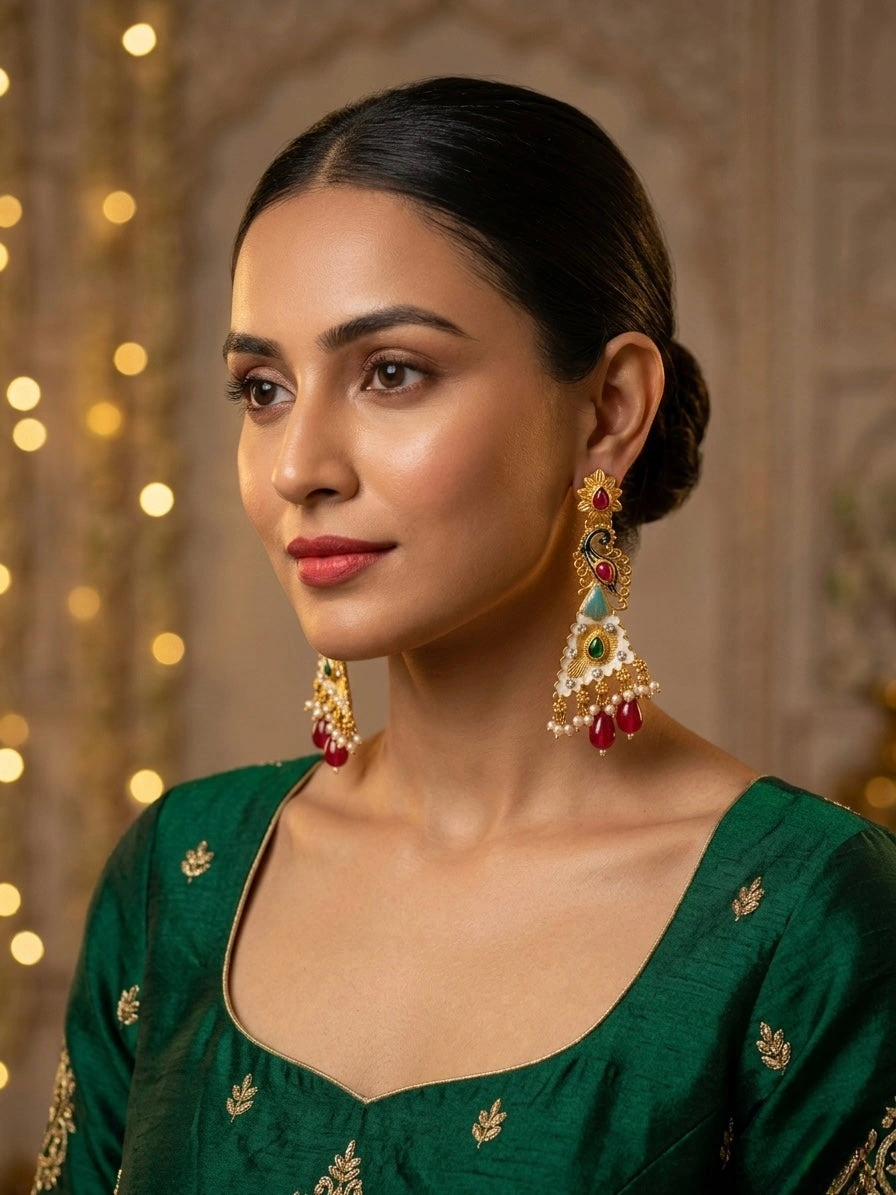 Peacock Style Long Kundan Earrings